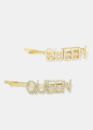 2-Piece Rhinestone & Pearl "QUEEN" Hair Pins