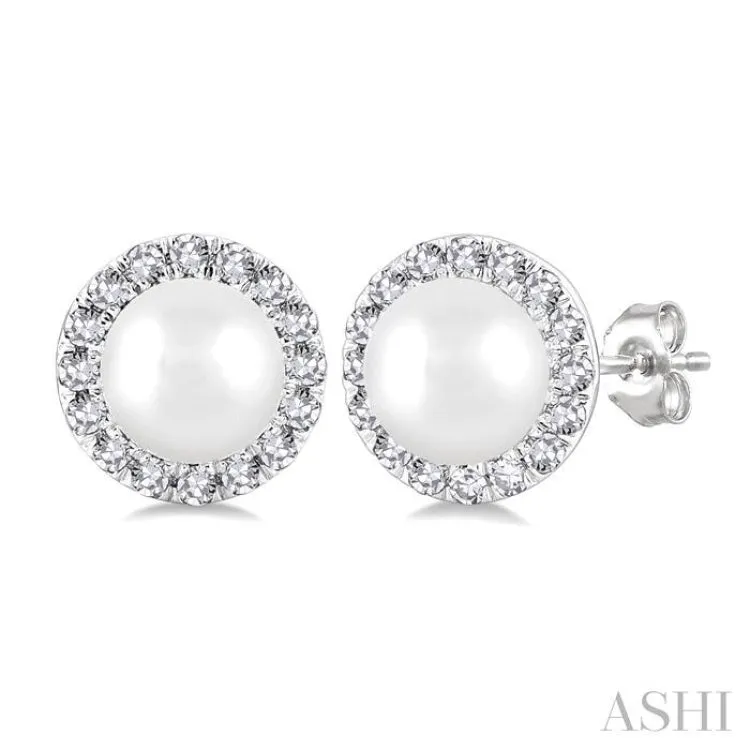 4.5MM White Pearl and 1/8 ctw Round Cut Diamond Halo Stud Earrings in 10K White Gold