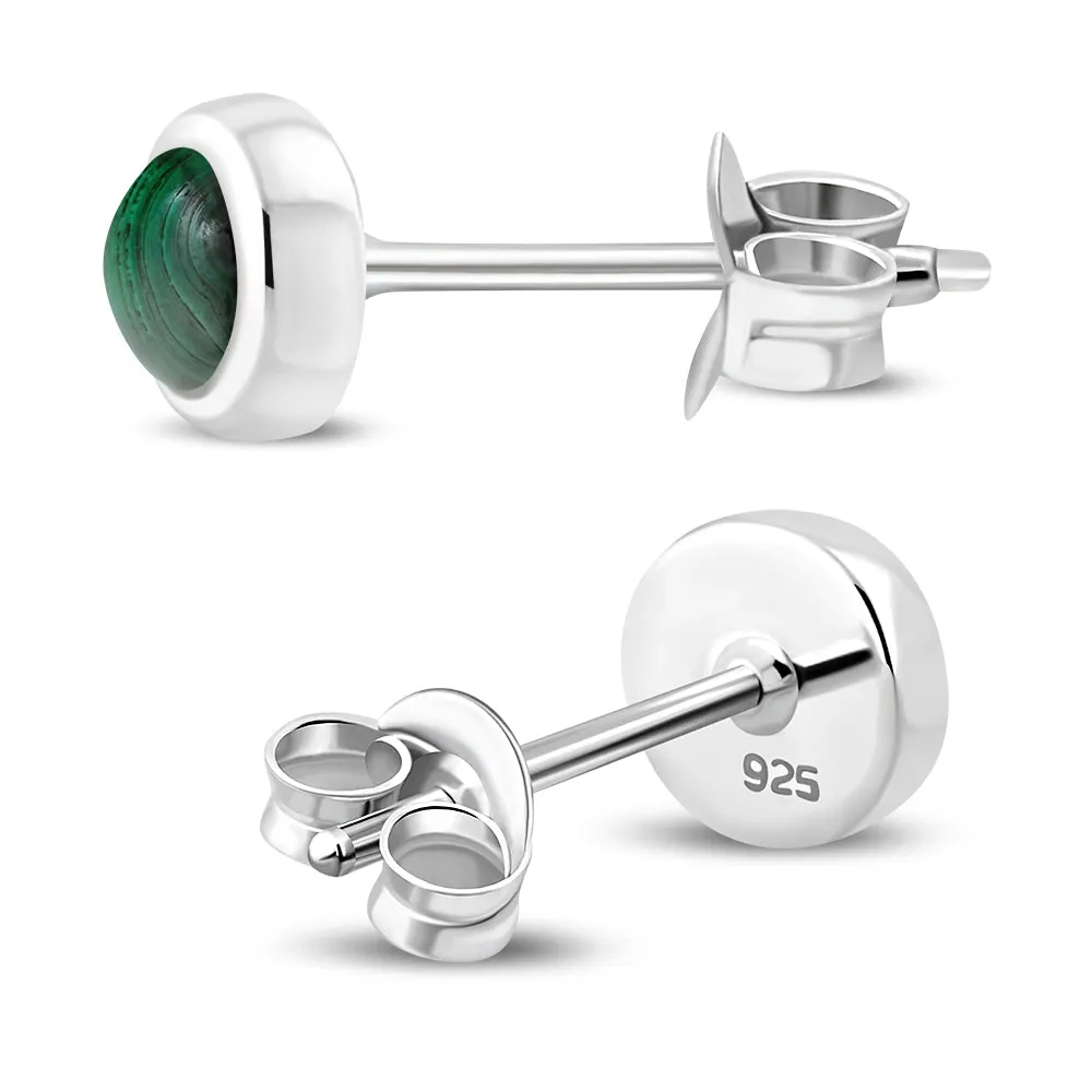 5.30mm | Green Malachite Stone Round Sterling Silver Stud Earrings