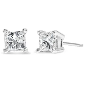 AGS Certified 14K Gold 4-Prong Set Princess-Cut Solitaire Diamond Push Back Stud Earrings (H-I Color, I1-I2 Clarity)