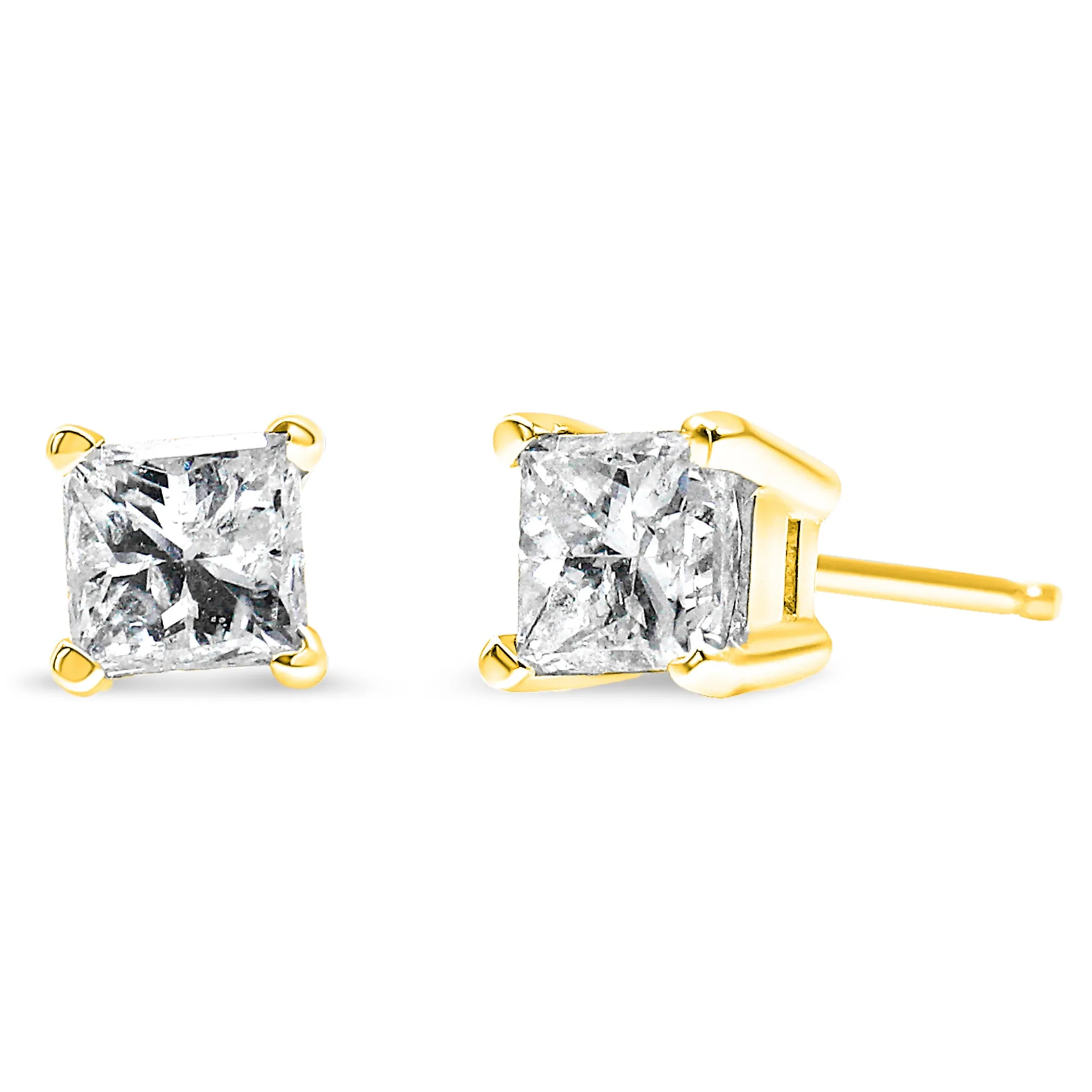 AGS Certified 14K Gold 4-Prong Set Princess-Cut Solitaire Diamond Push Back Stud Earrings (H-I Color, I1-I2 Clarity)