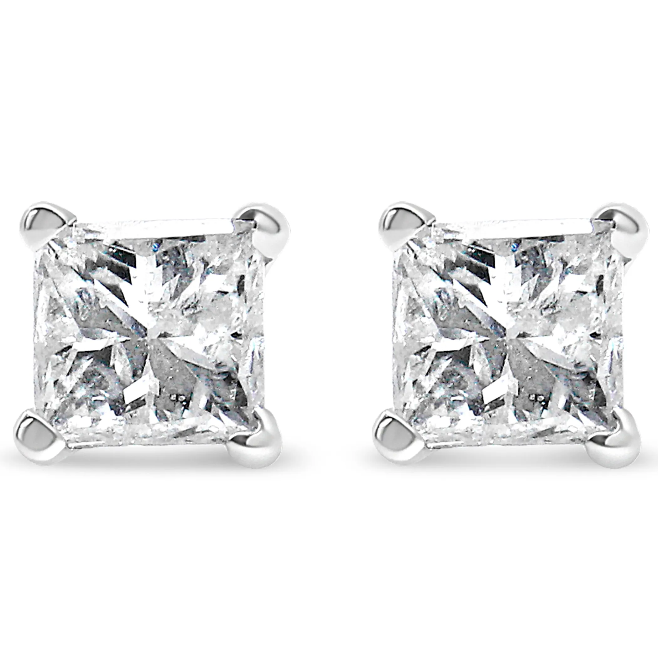 AGS Certified 14K Gold 4-Prong Set Princess-Cut Solitaire Diamond Push Back Stud Earrings (H-I Color, I1-I2 Clarity)