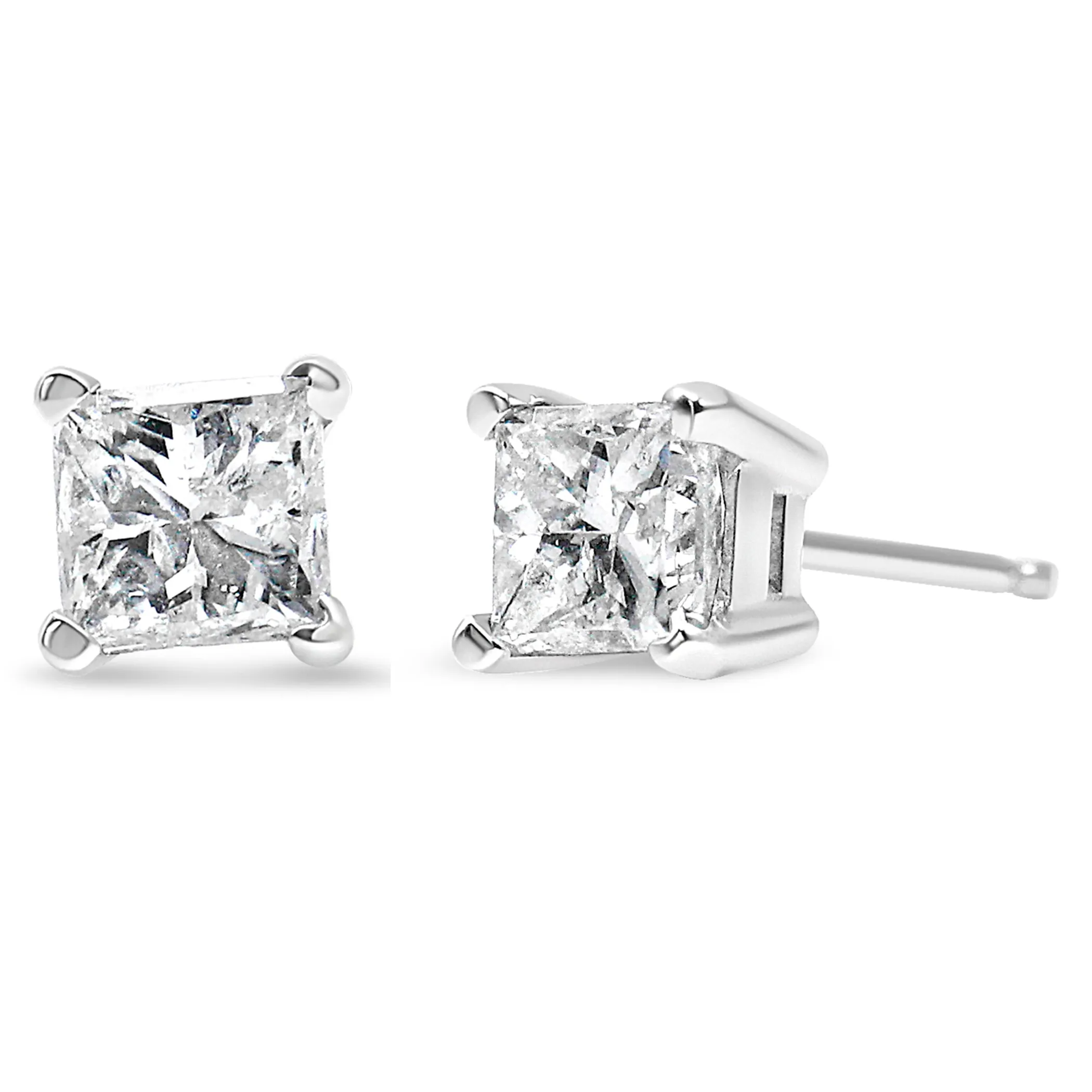 AGS Certified 14K Gold 4-Prong Set Princess-Cut Solitaire Diamond Push Back Stud Earrings (H-I Color, I1-I2 Clarity)