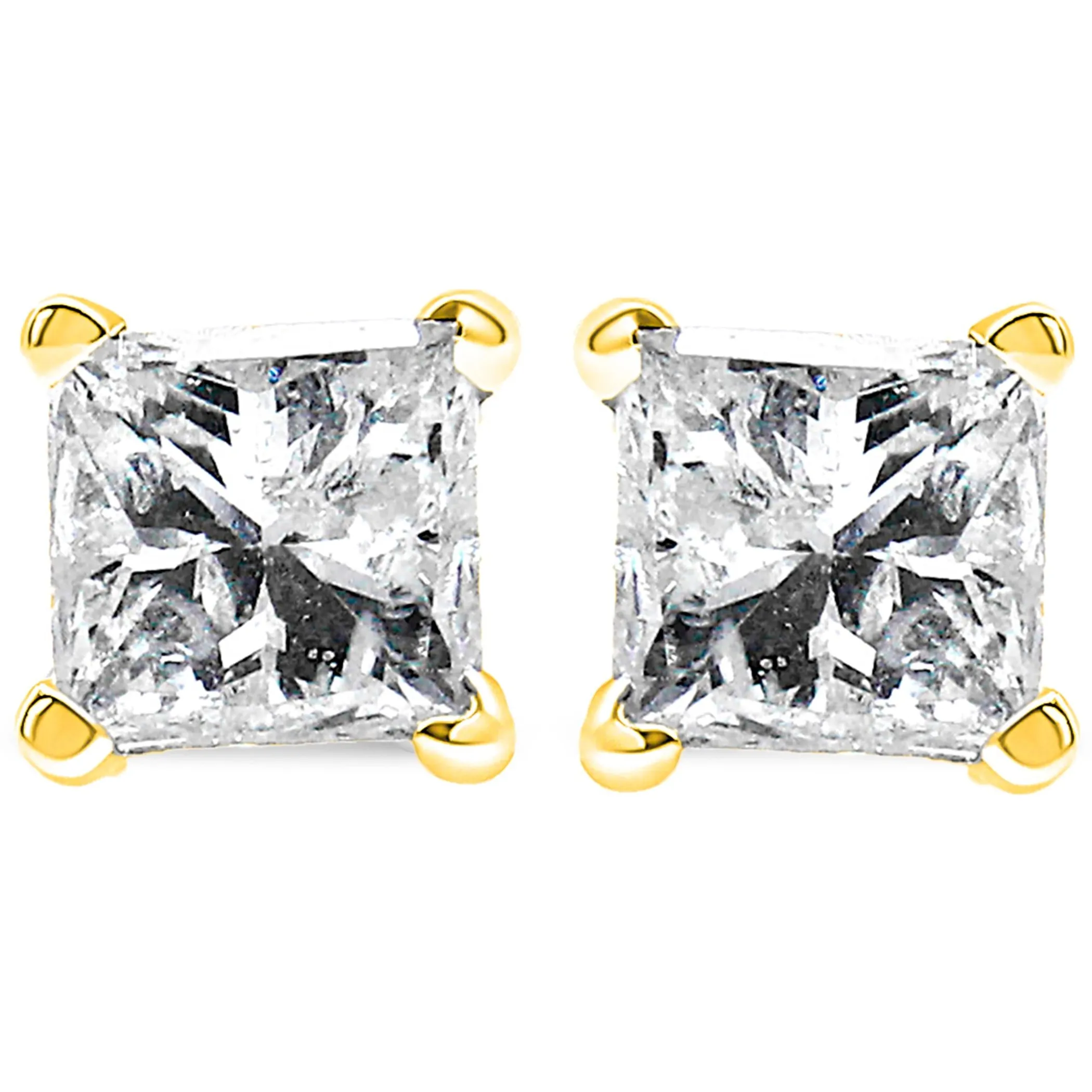 AGS Certified 14K Gold 4-Prong Set Princess-Cut Solitaire Diamond Push Back Stud Earrings (H-I Color, I1-I2 Clarity)