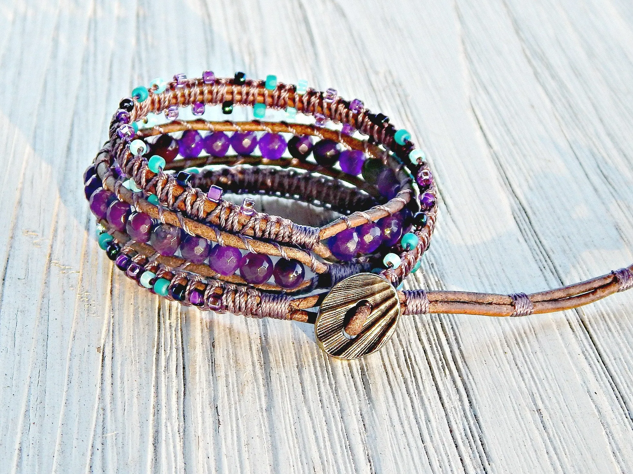 Amethyst Night Sky and Macrame Boho 3x Leather wrap bracelet