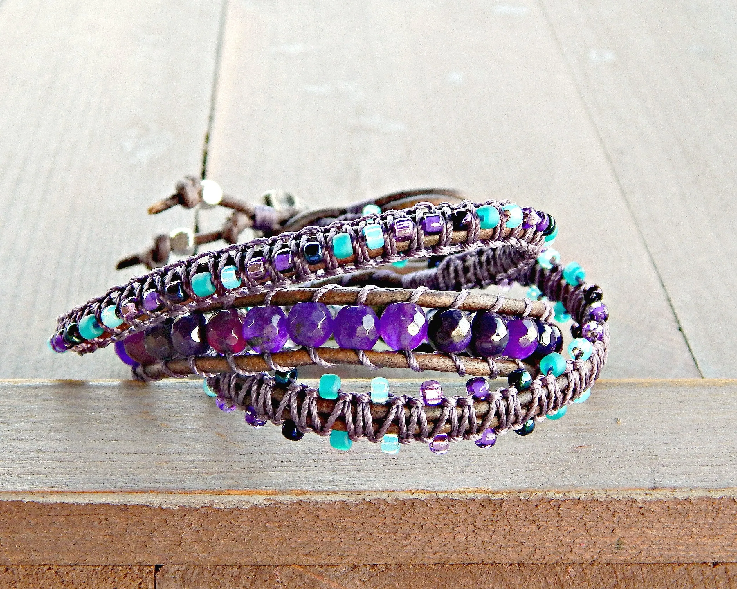 Amethyst Night Sky and Macrame Boho 3x Leather wrap bracelet