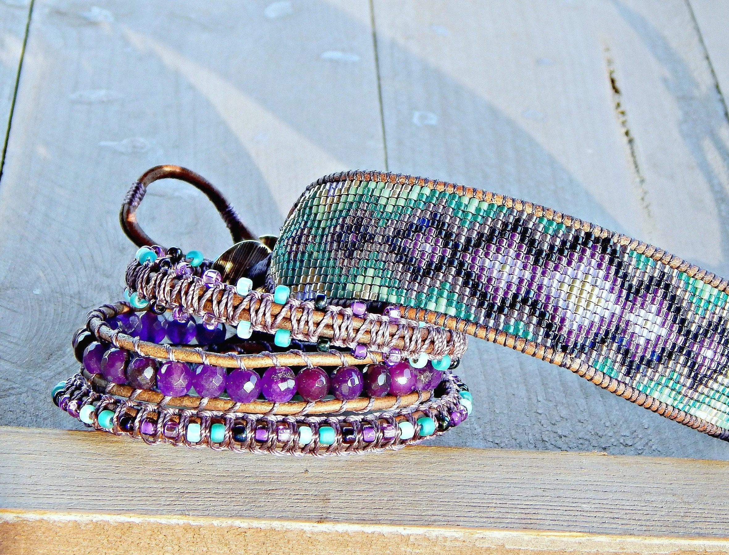 Amethyst Night Sky and Macrame Boho 3x Leather wrap bracelet