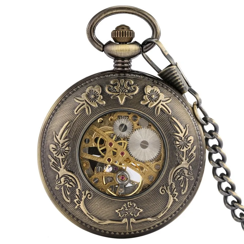 Antique Mechanical Watch with Bronze Dragon / Manual Pocket Watch with Roman Numerals