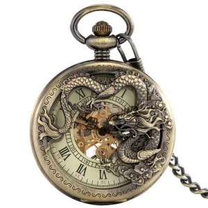 Antique Mechanical Watch with Bronze Dragon / Manual Pocket Watch with Roman Numerals