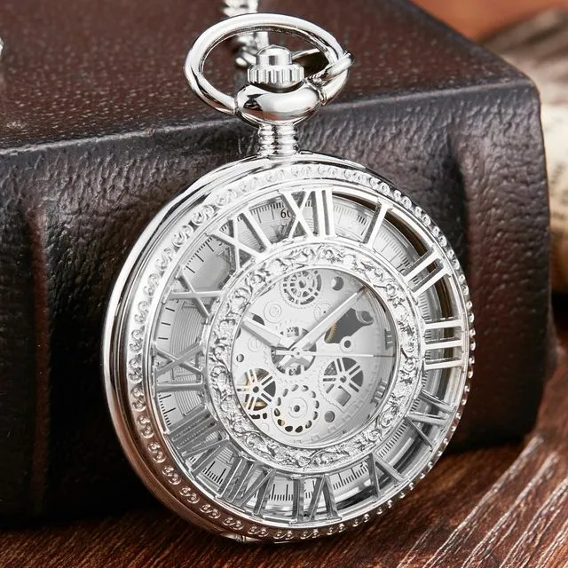 Antique Steampunk Skeleton Mechanical Pocket Watch for Men Women