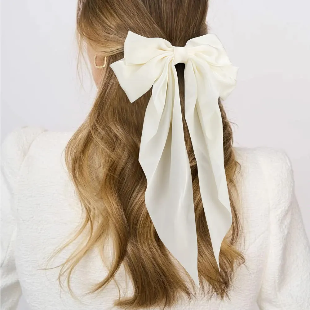 ATODEN Silky Satin Hair Bows 2Pcs Big Hair Bows for Women Hair Ribbons Oversized Long Tail White Hair Bow Black Hair Bow Large Hair Ribbon Barrettes Metal Clips Bowknot Aesthetic Hair Accessories