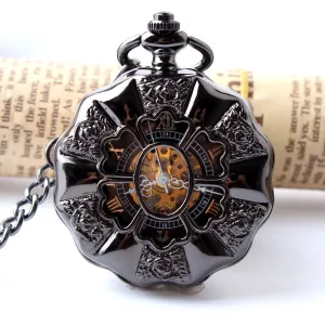 Black Full Steel Luminous Mechanical Pocket Watch Steampunk Vintage Hollow Analog Skeleton Hand Winding Mechanical Pocket Watch