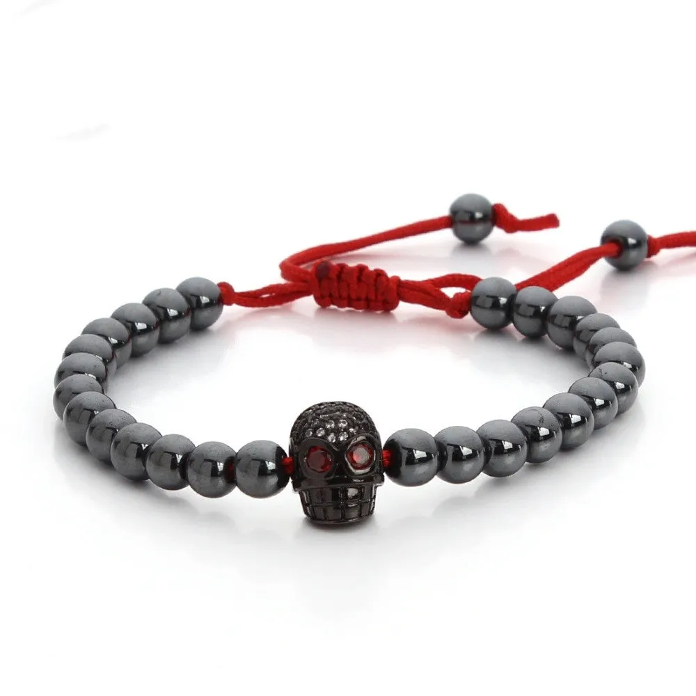 Black Hematite Stone Macrame Bead Bracelet Female Skull Charms Bracelet & Bangle For Womens Men Adjust Size