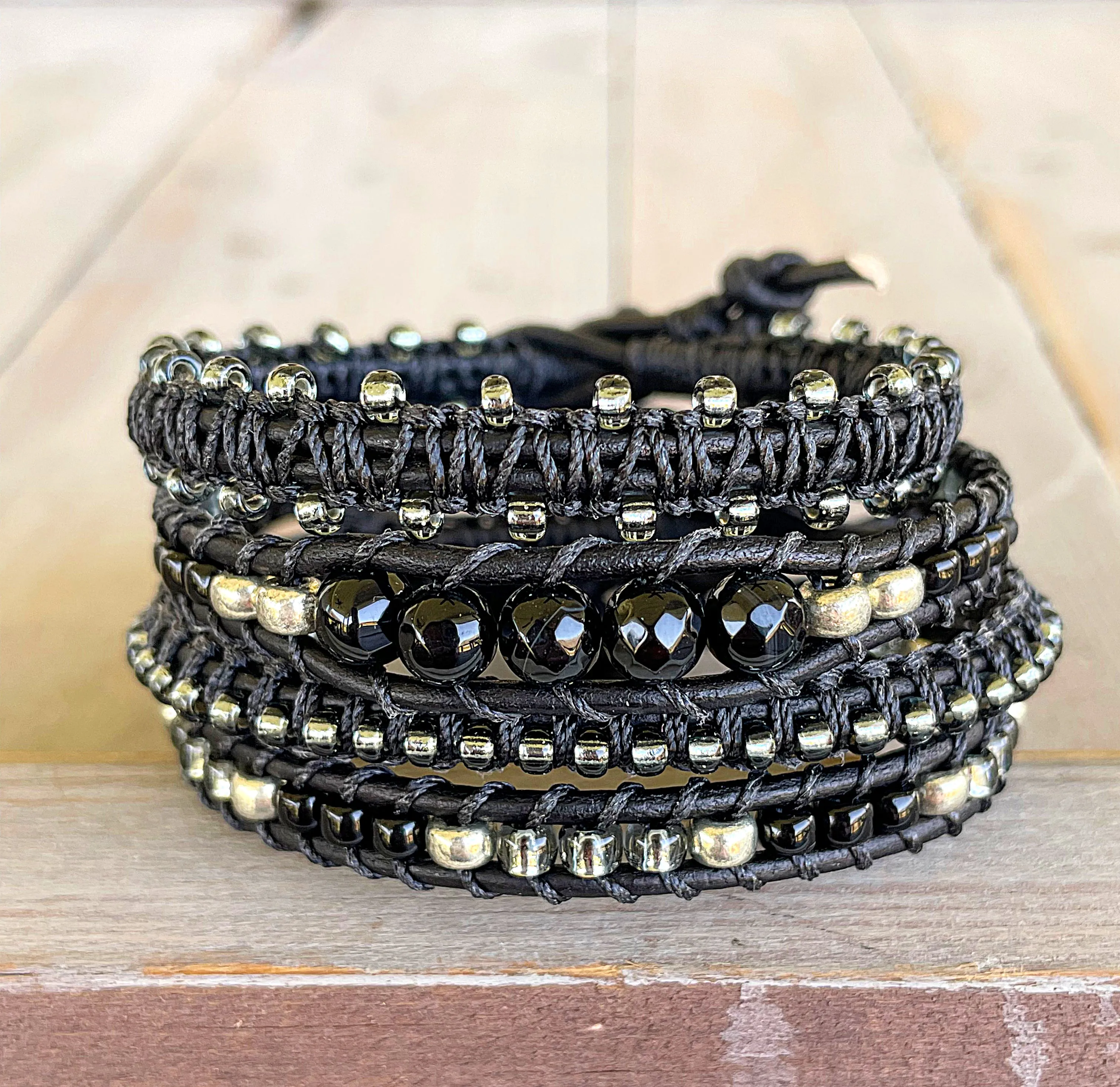 Black Onyx Leather Beaded Macrame Bracelet