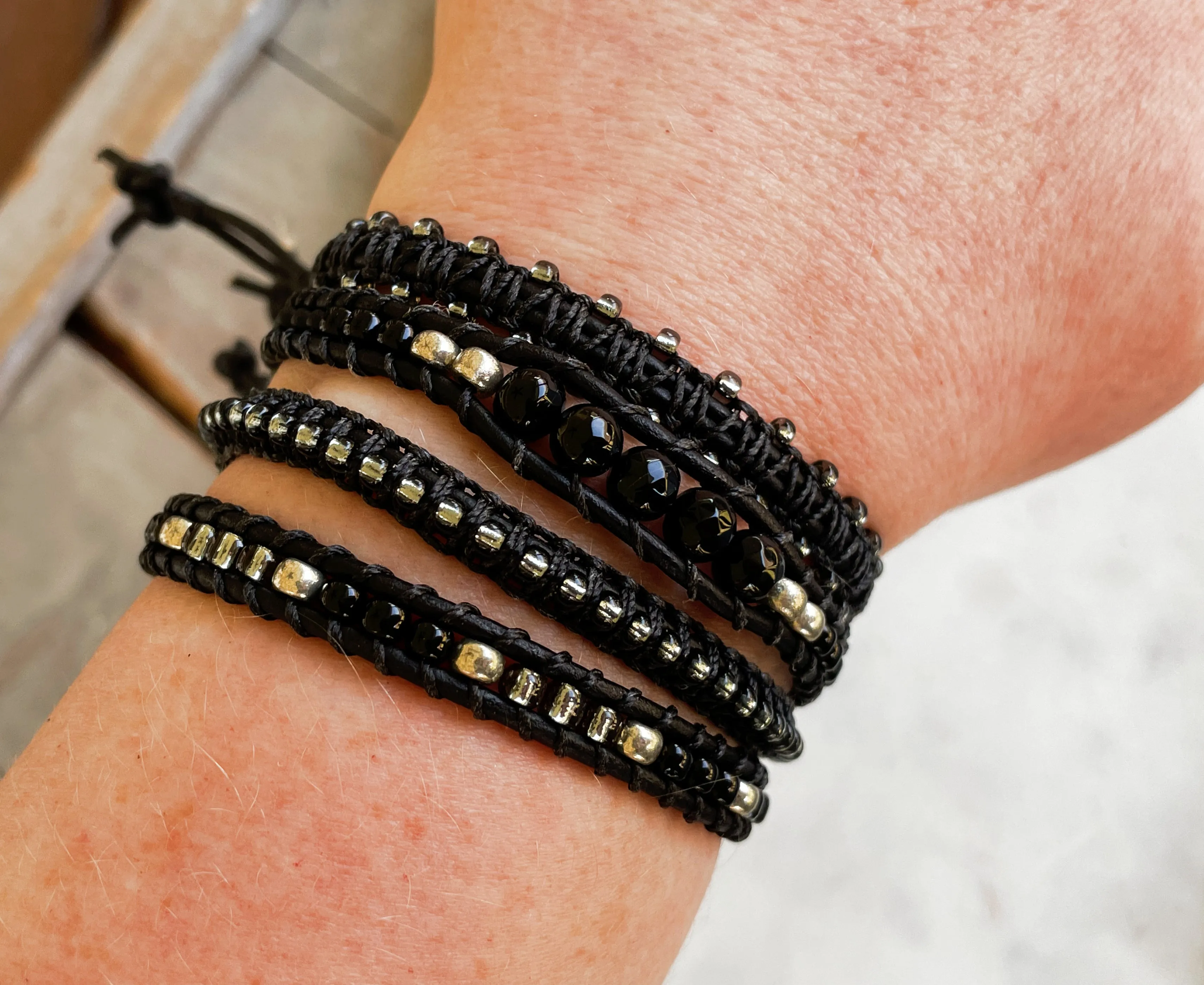 Black Onyx Leather Beaded Macrame Bracelet