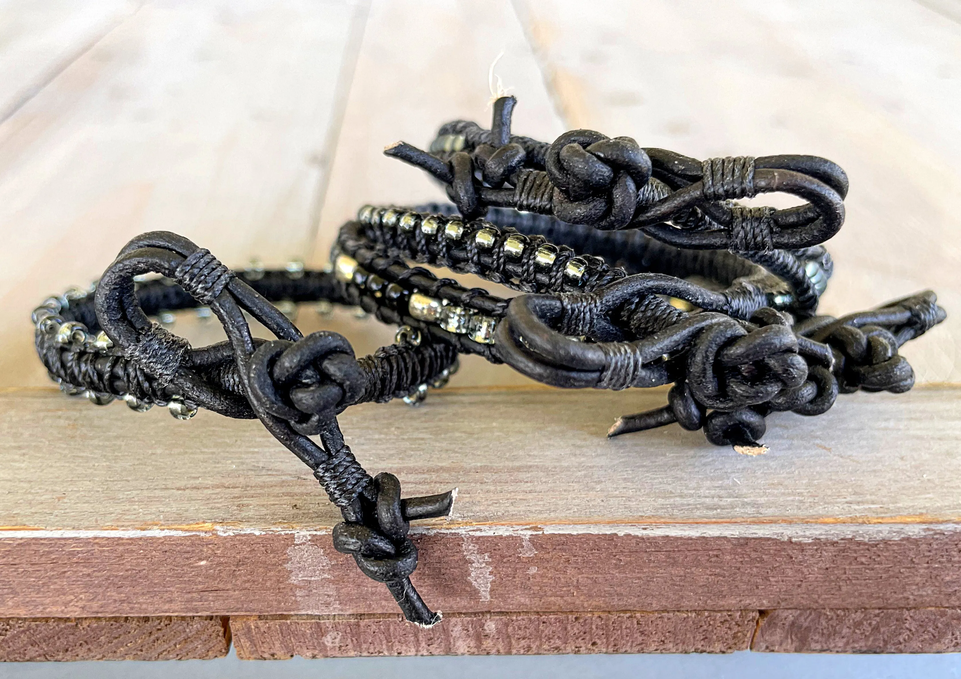 Black Onyx Leather Beaded Macrame Bracelet