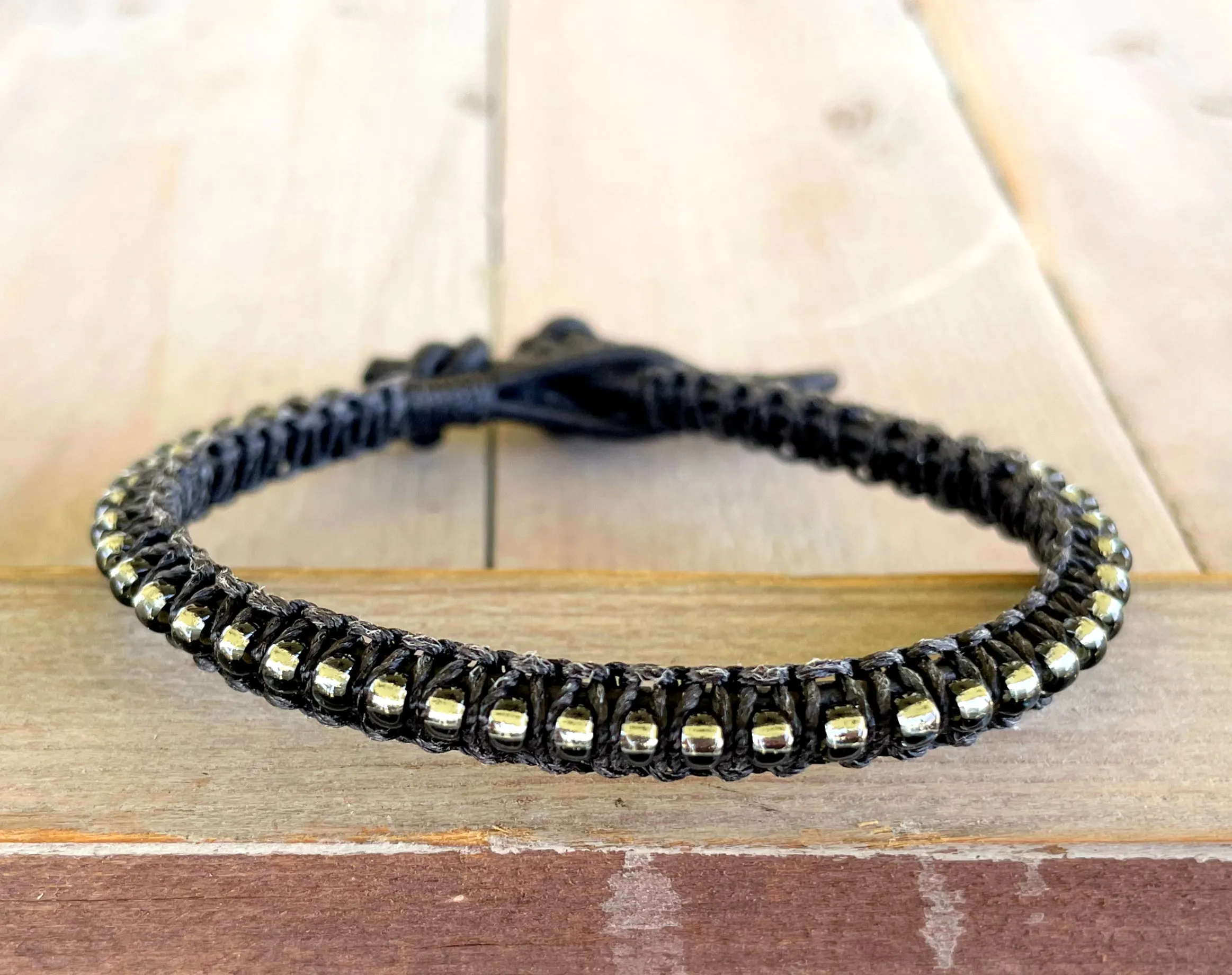 Black Onyx Leather Beaded Macrame Bracelet