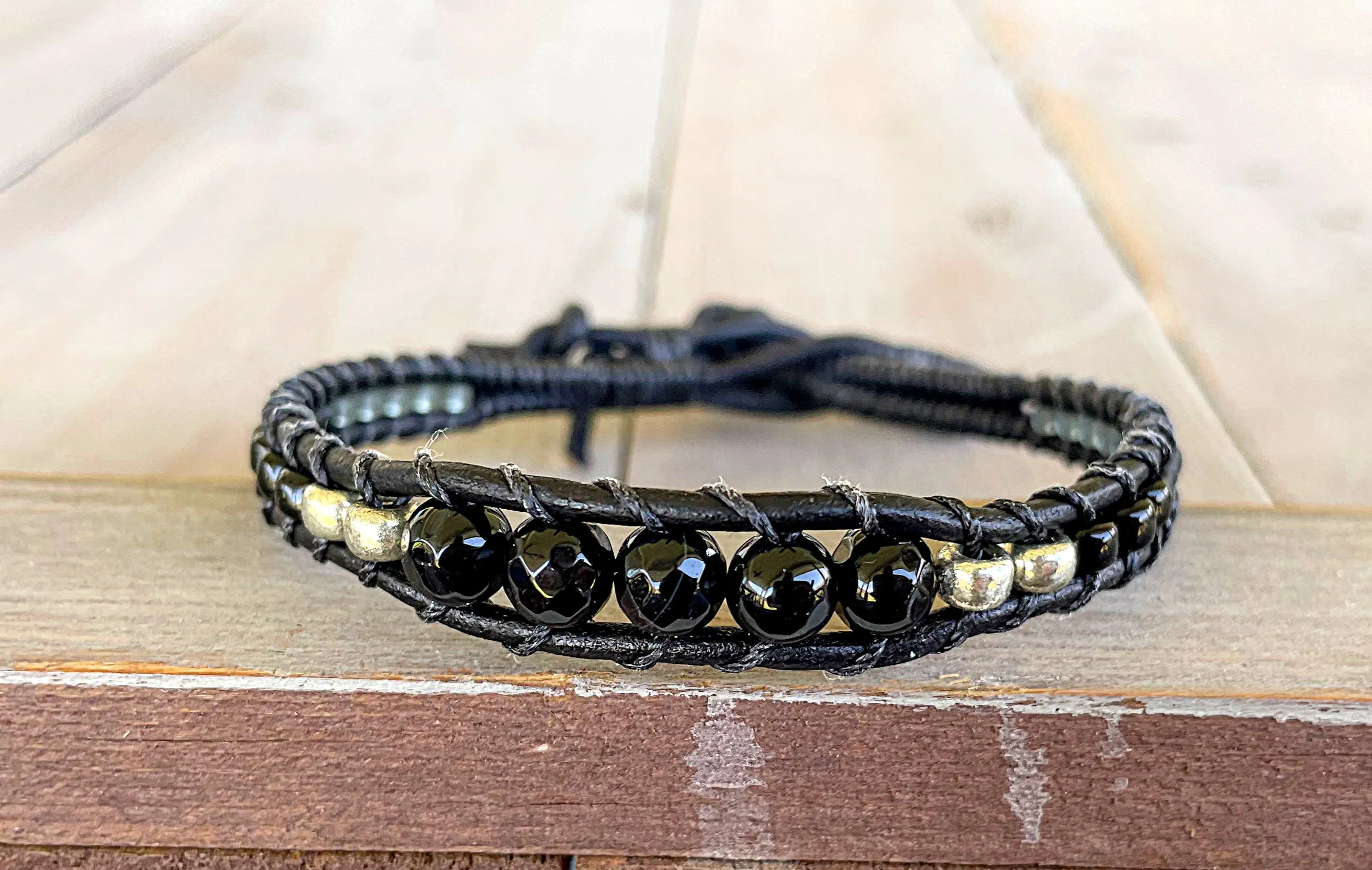 Black Onyx Leather Beaded Macrame Bracelet