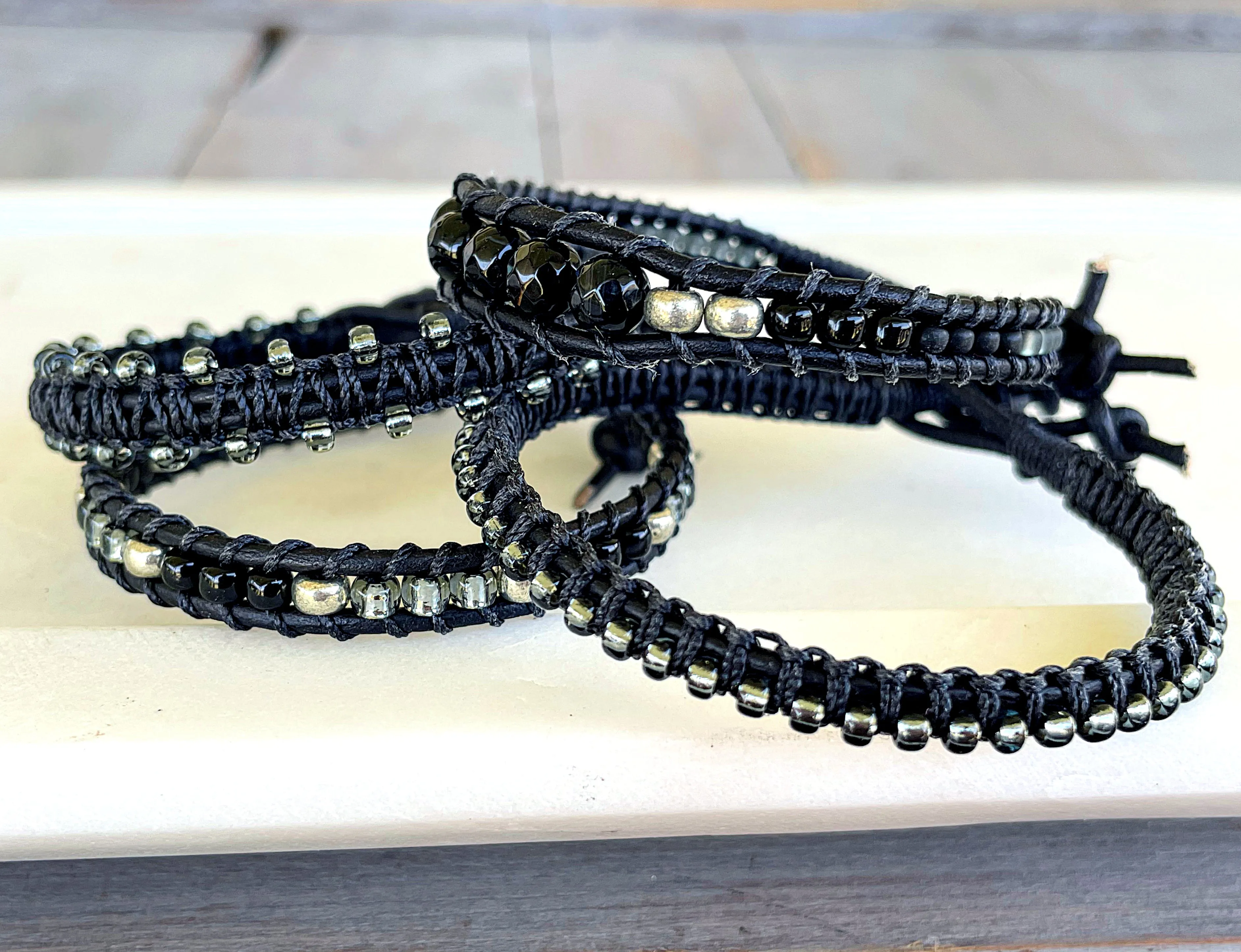 Black Onyx Leather Beaded Macrame Bracelet