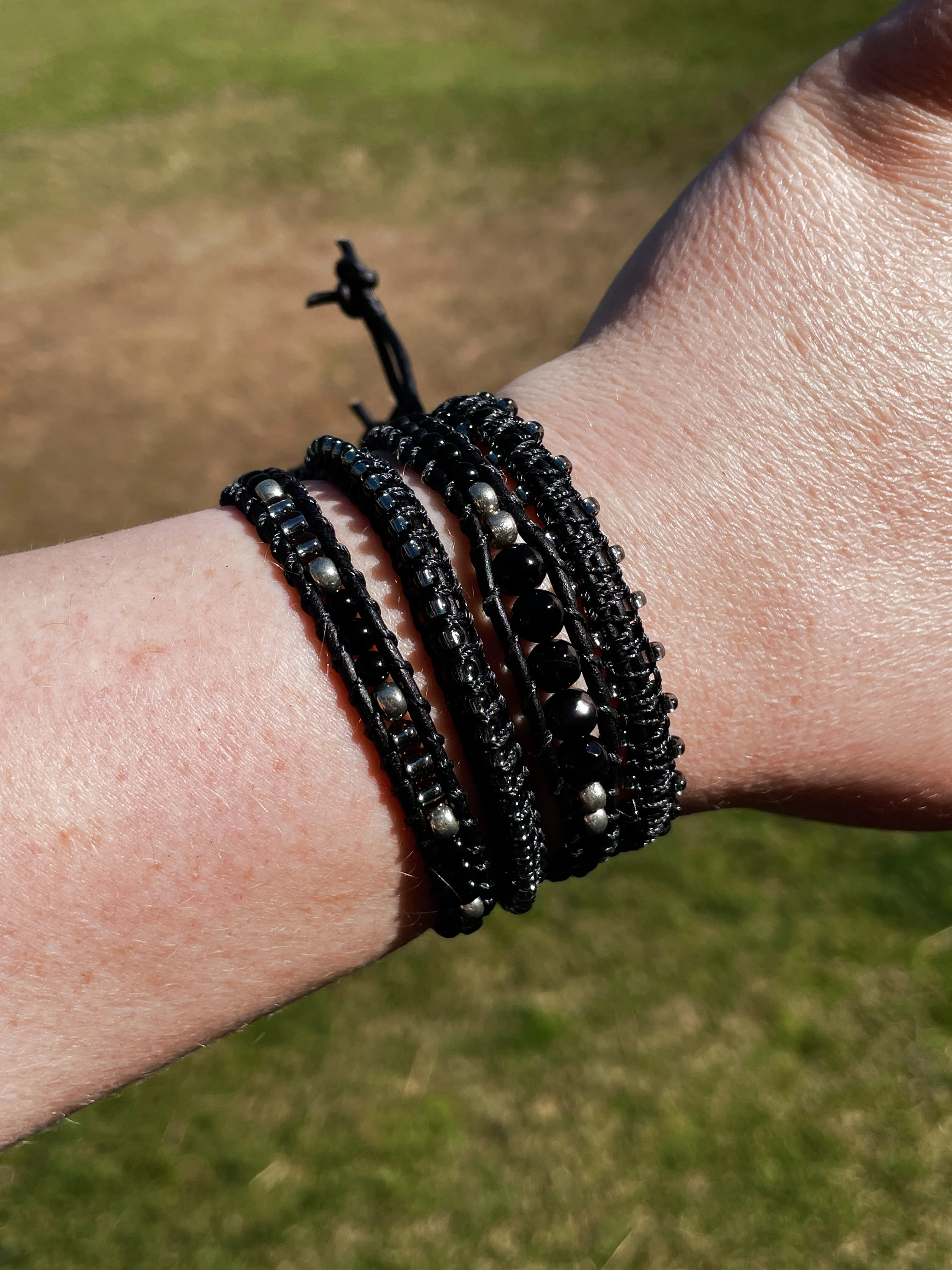 Black Onyx Leather Beaded Macrame Bracelet