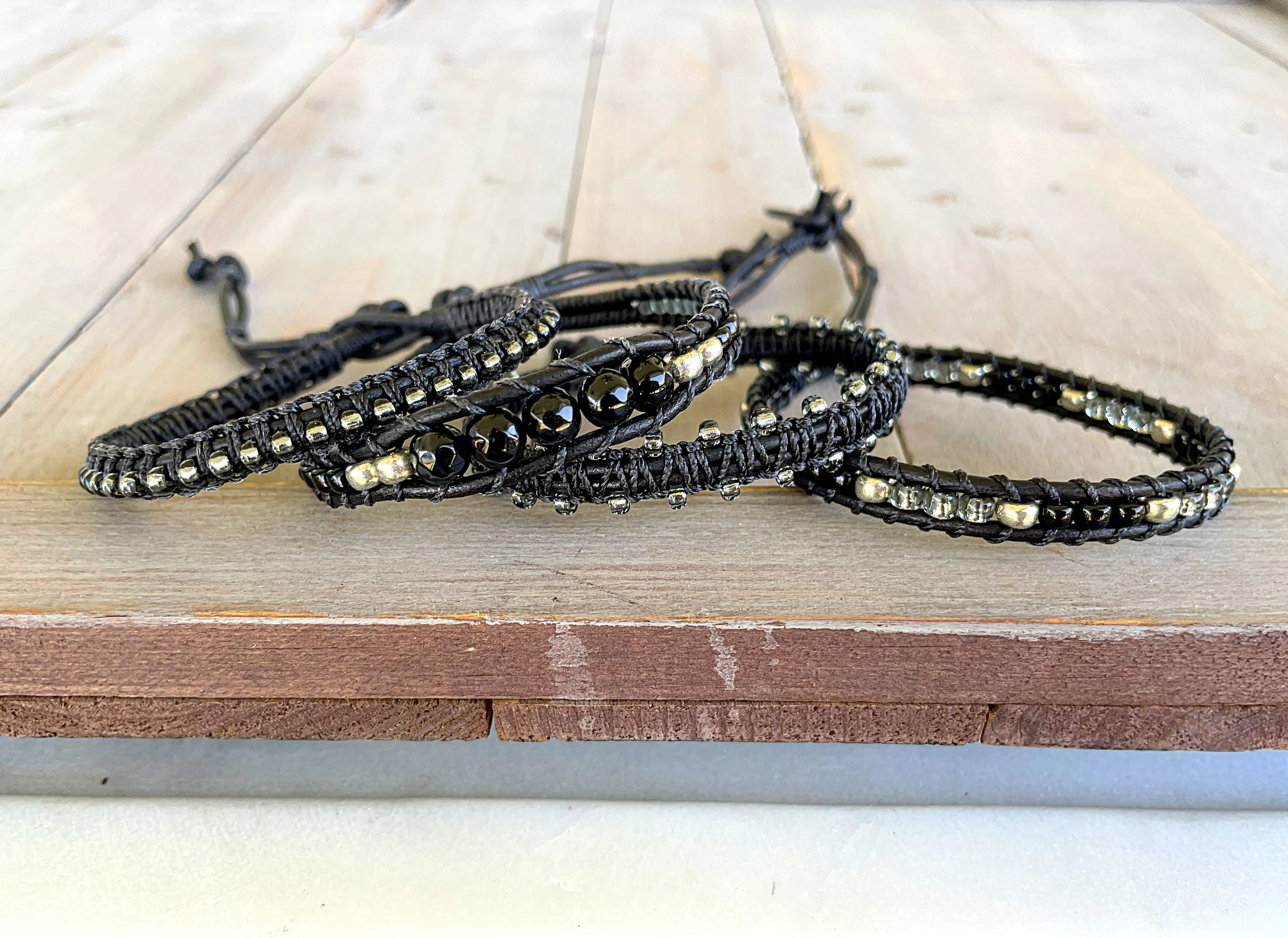 Black Onyx Leather Beaded Macrame Bracelet