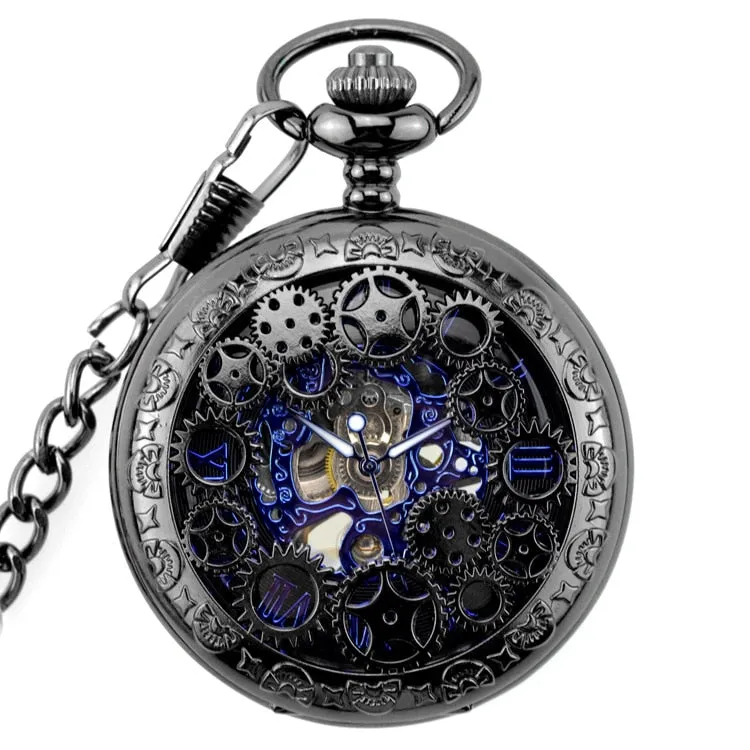 Black Steel Mechanical Pocket Watch Steampunk Vintage Gear Analog Skeleton Hand Winding Mechanical Pocket Watch