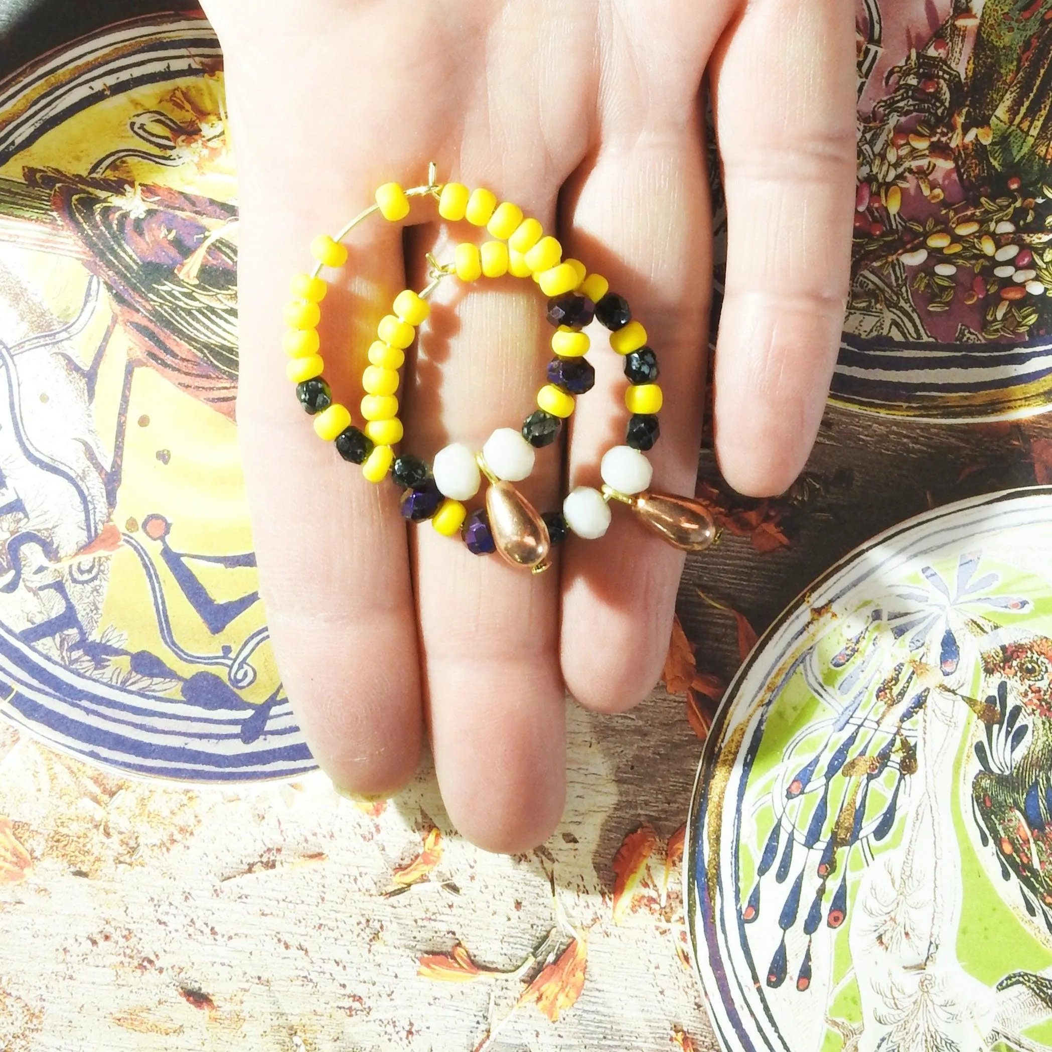 Bright beaded earrings hoop with cute neon yellow