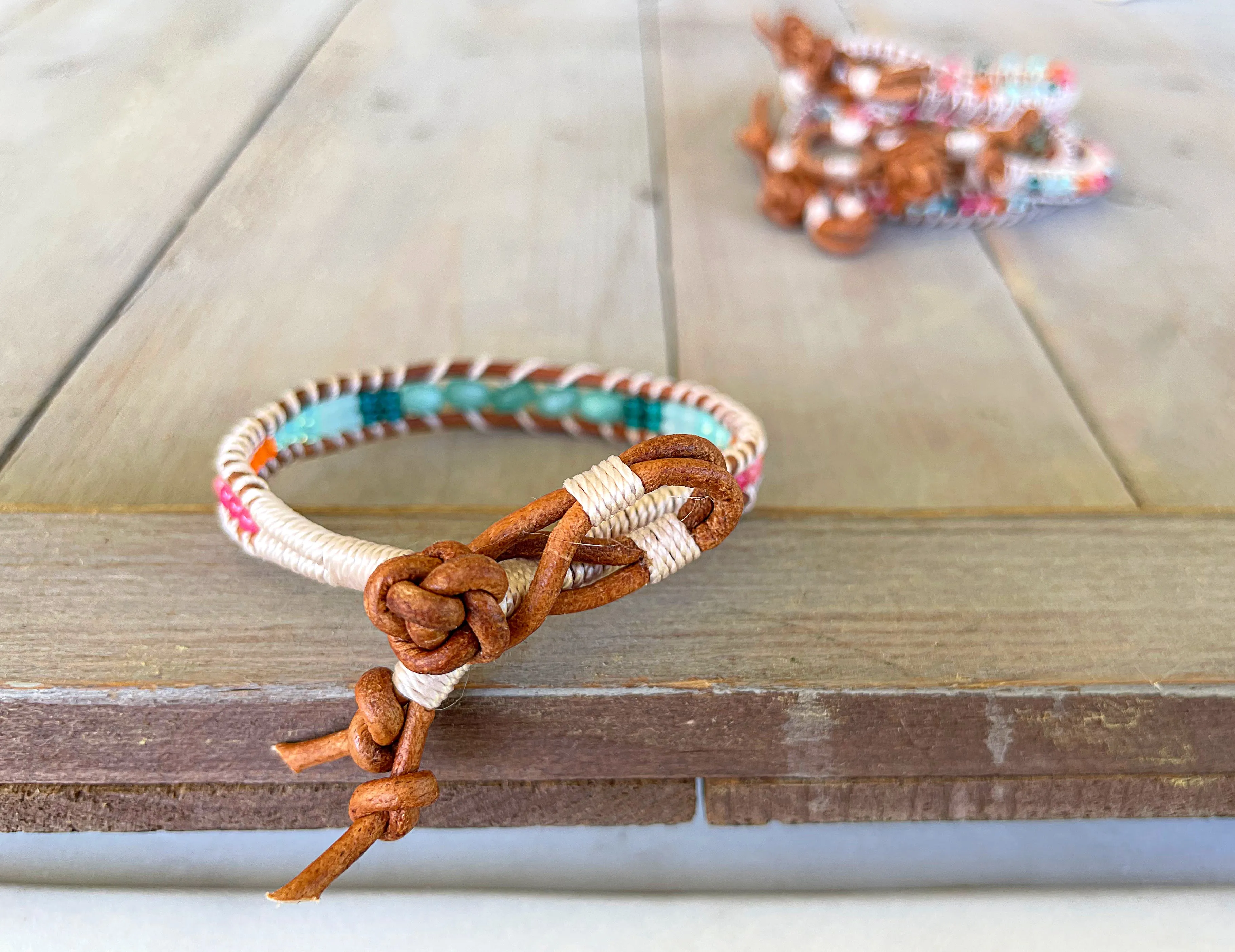 Bright Rainbow Leather Beaded Macrame Bracelet Set