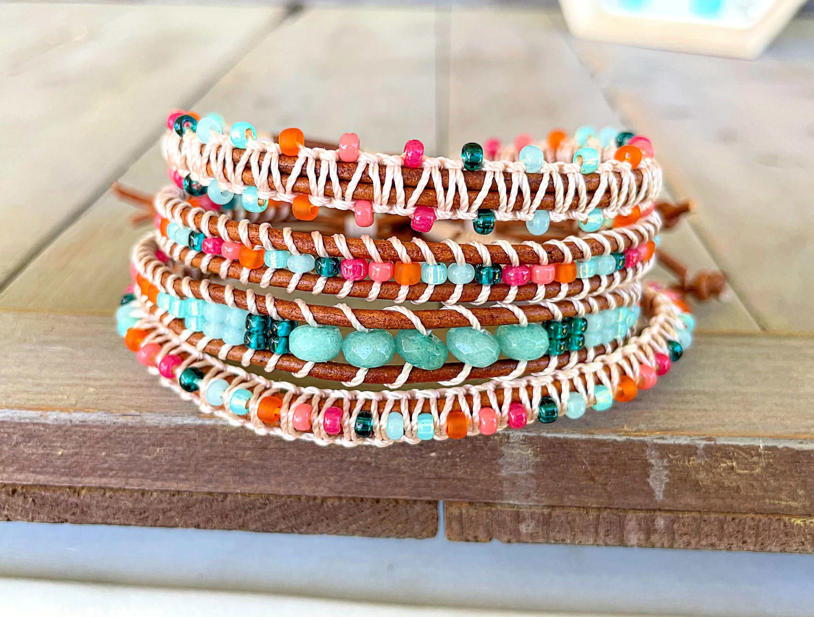 Bright Rainbow Leather Beaded Macrame Bracelet Set