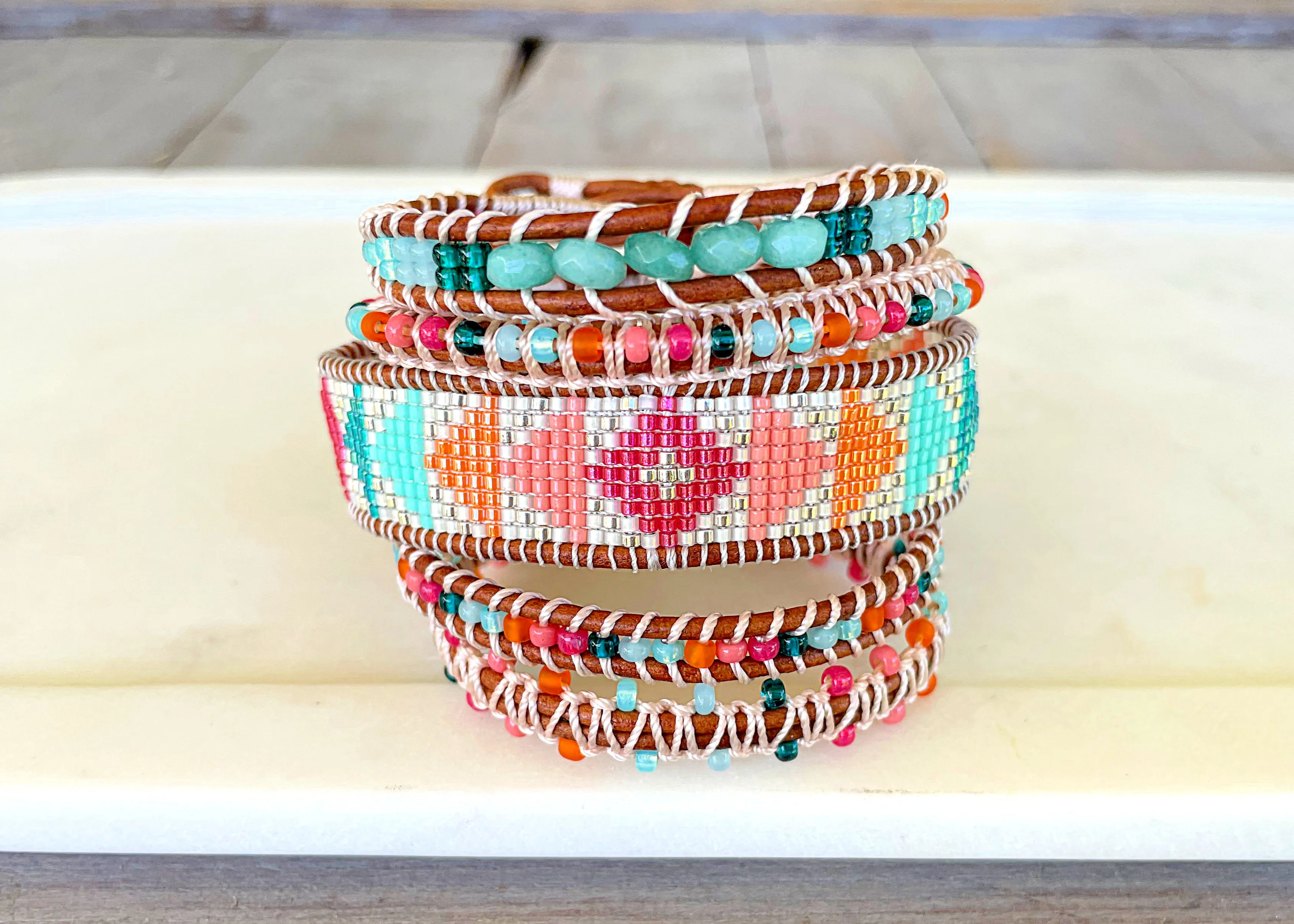 Bright Rainbow Leather Beaded Macrame Bracelet Set