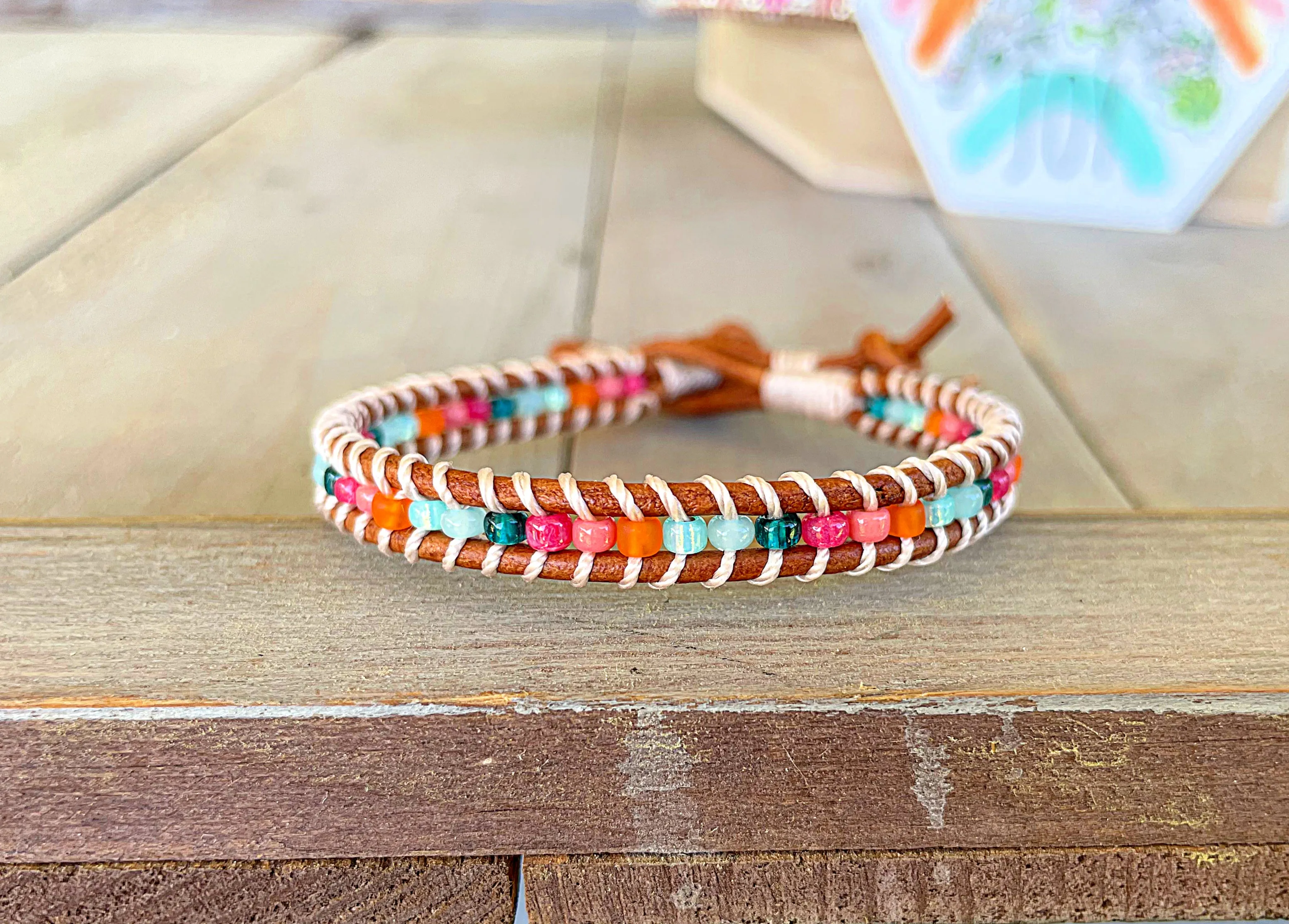 Bright Rainbow Leather Beaded Macrame Bracelet Set