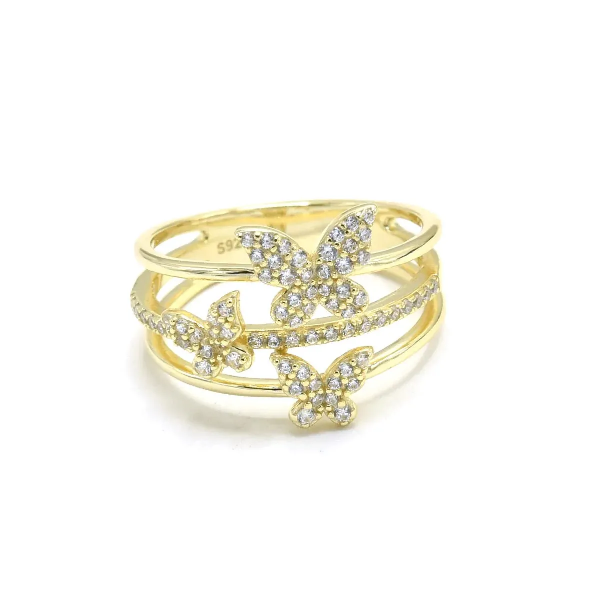 Butterfly Ring 925 Sterling Silver 14k Gold Plated Pave Diamond Three Layer Stacked Ring