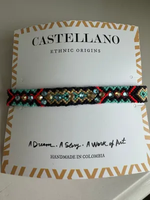 Castellano Wayuu Macrame Woven Bracelet with Gold Links and Swarovski Crystals