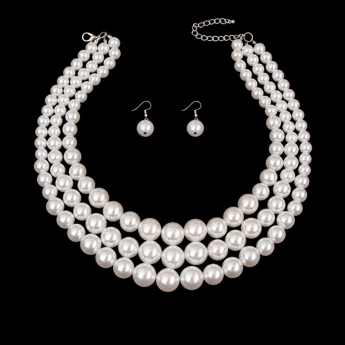 Classic Vintage-style 3-Strand White Pearl Necklace Set