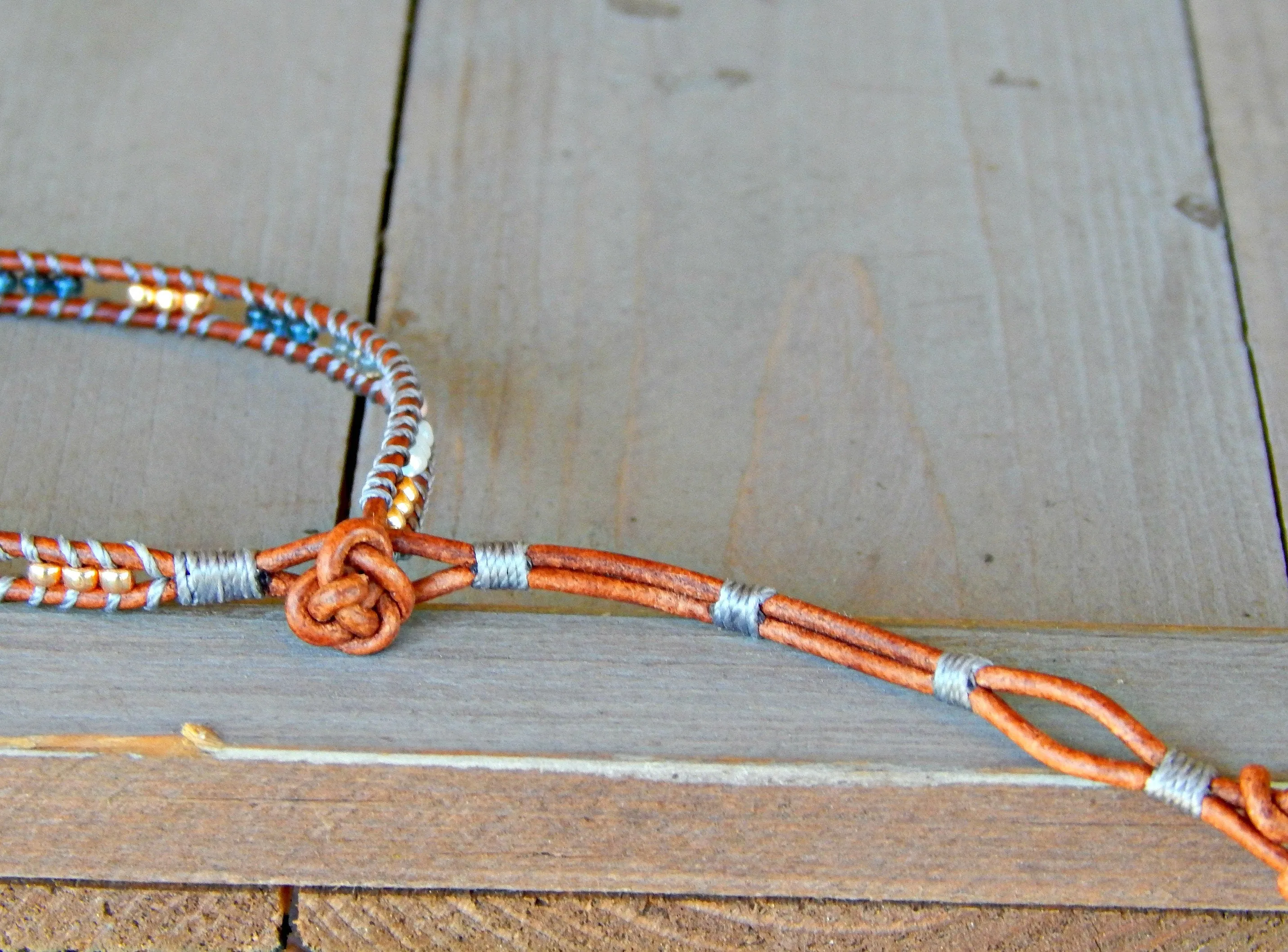 Copper, Navy, Gray Ladder Woven Leather Stack bracelet