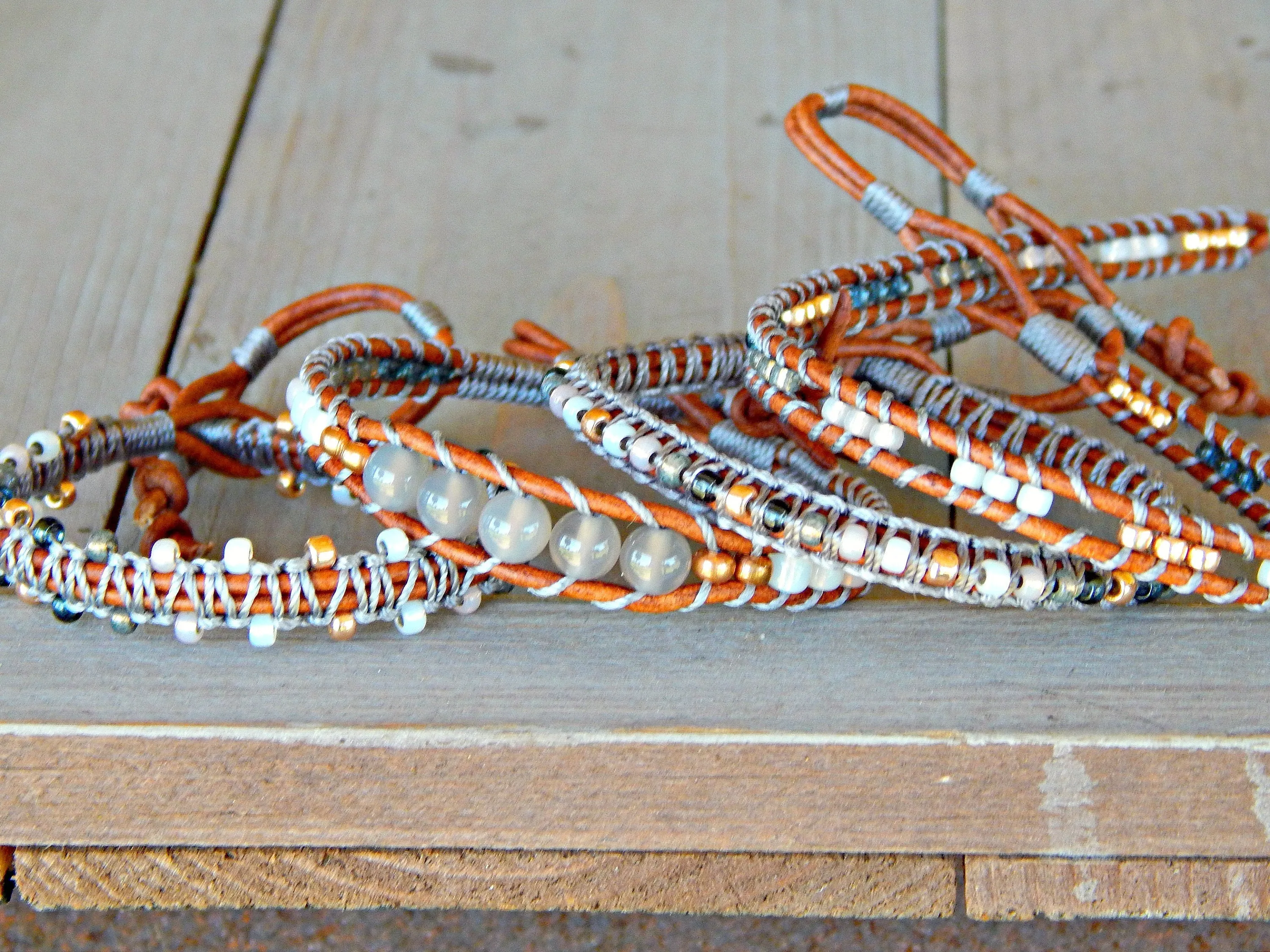 Copper, Navy, Gray Ladder Woven Leather Stack bracelet