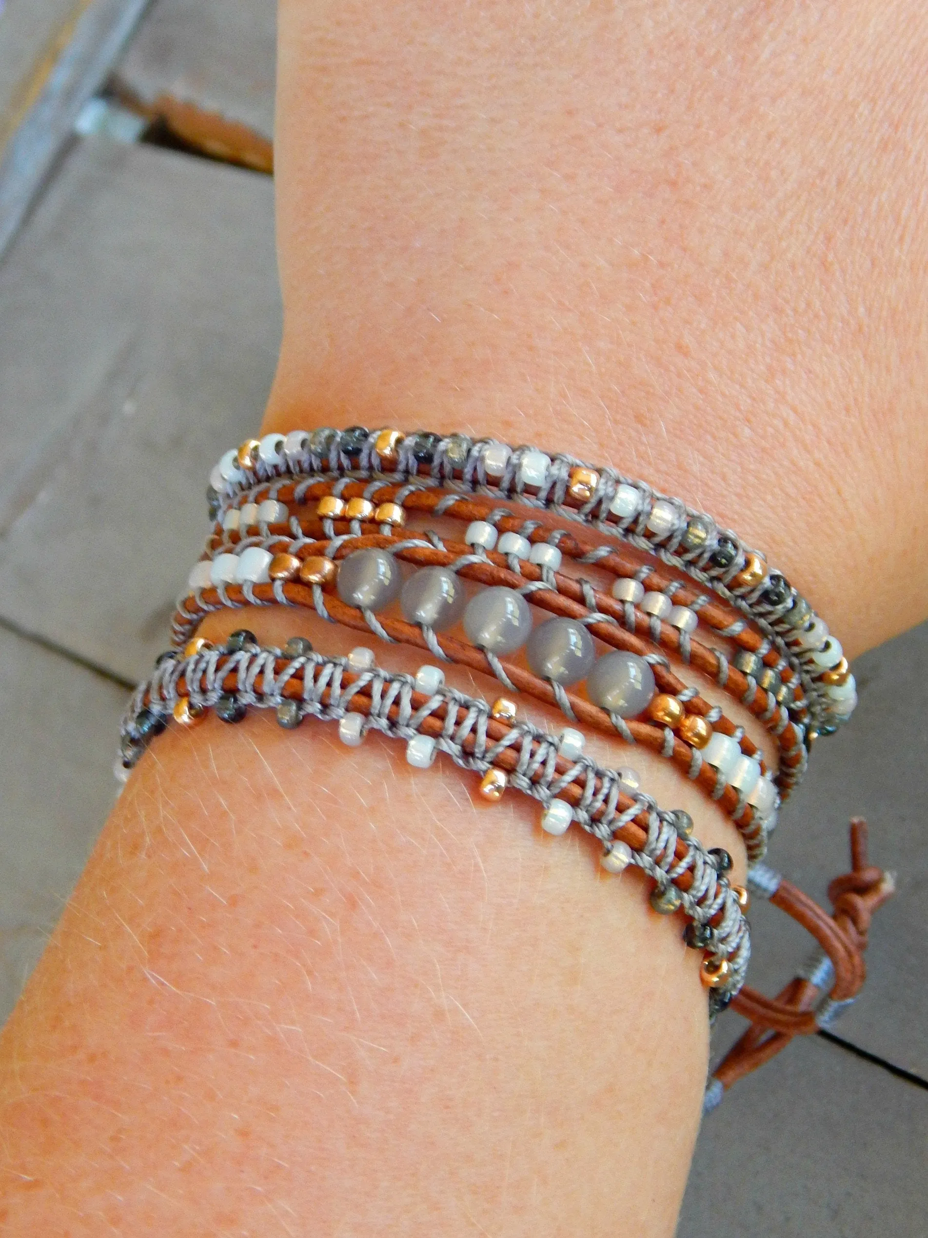 Copper, Navy, Gray Ladder Woven Leather Stack bracelet