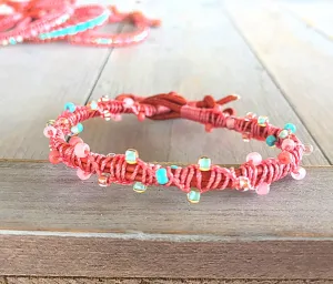 Coral and Aqua Spiral Macrame Woven Leather Stack bracelet