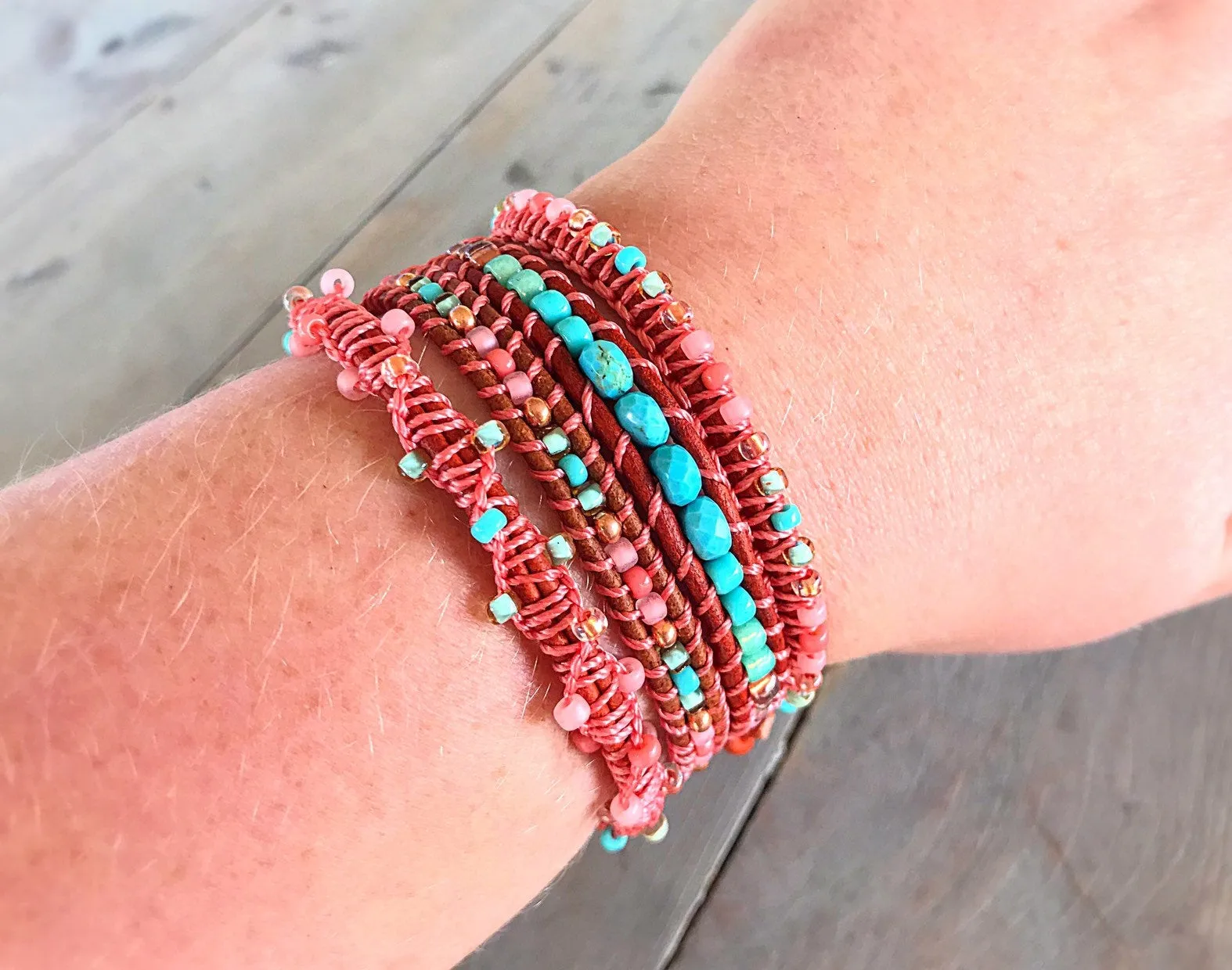 Coral and Aqua Spiral Macrame Woven Leather Stack bracelet