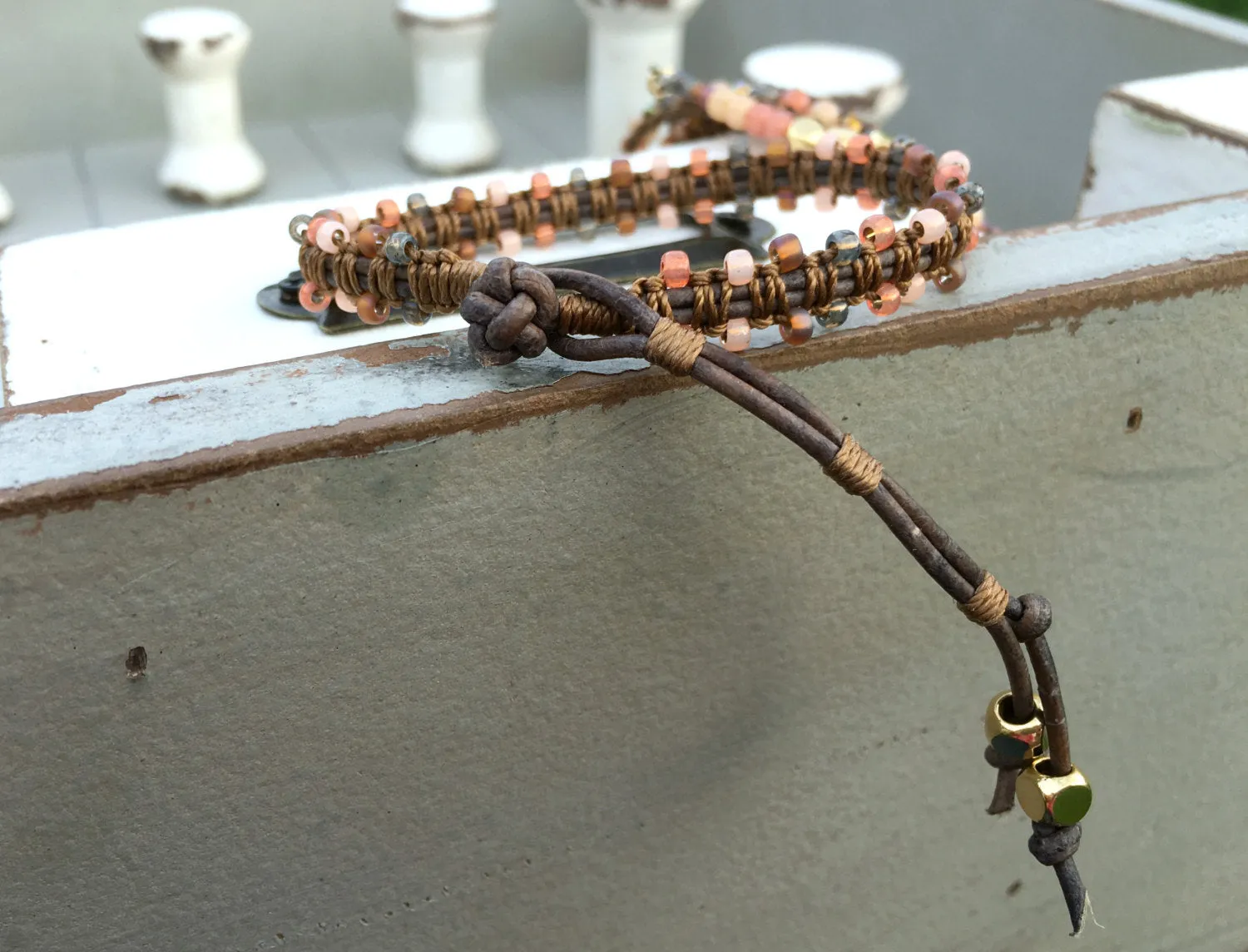 Coral Peach and Brown Side beaded Macrame Woven Leather Stack bracelet