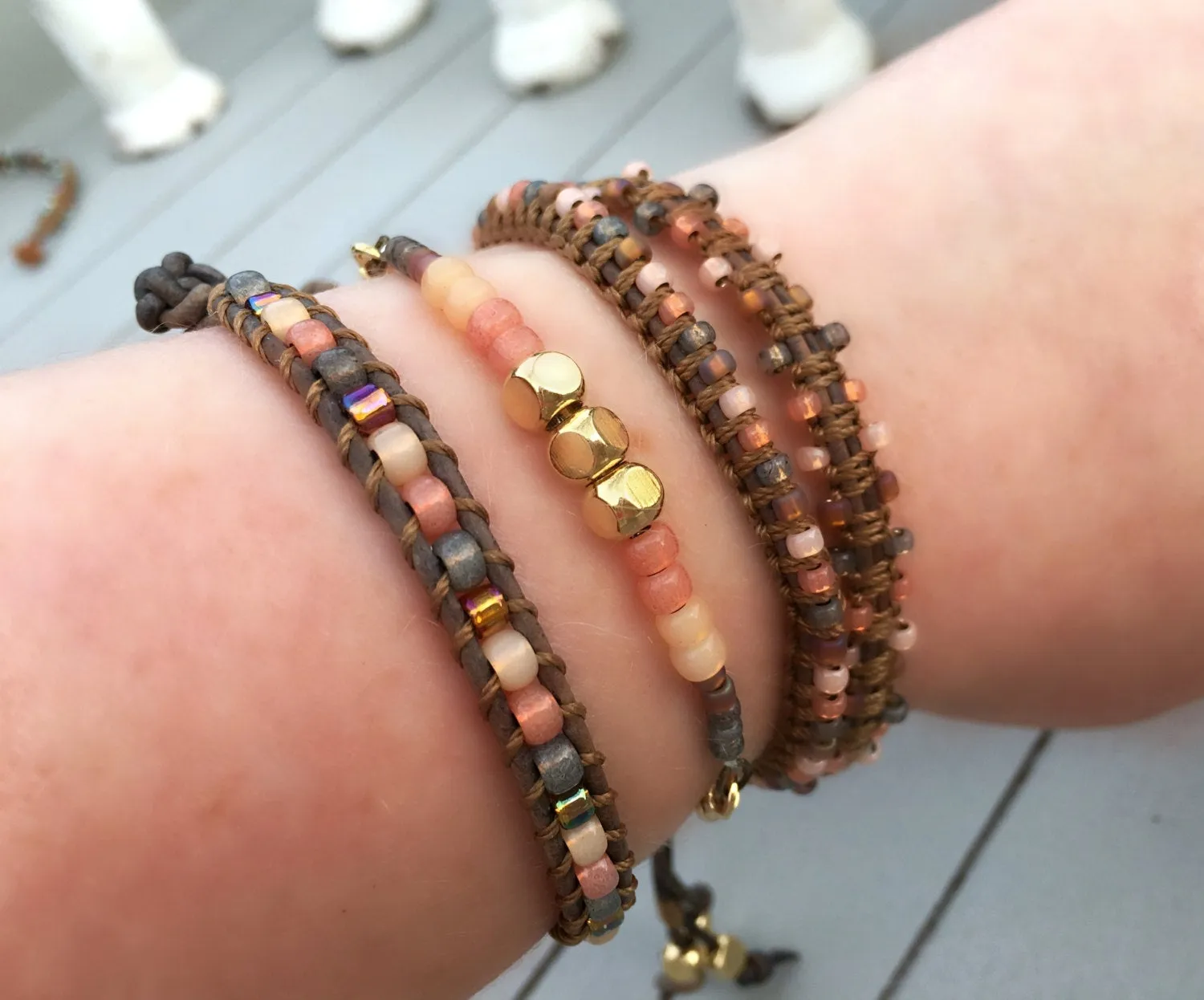 Coral Peach and Brown Side beaded Macrame Woven Leather Stack bracelet