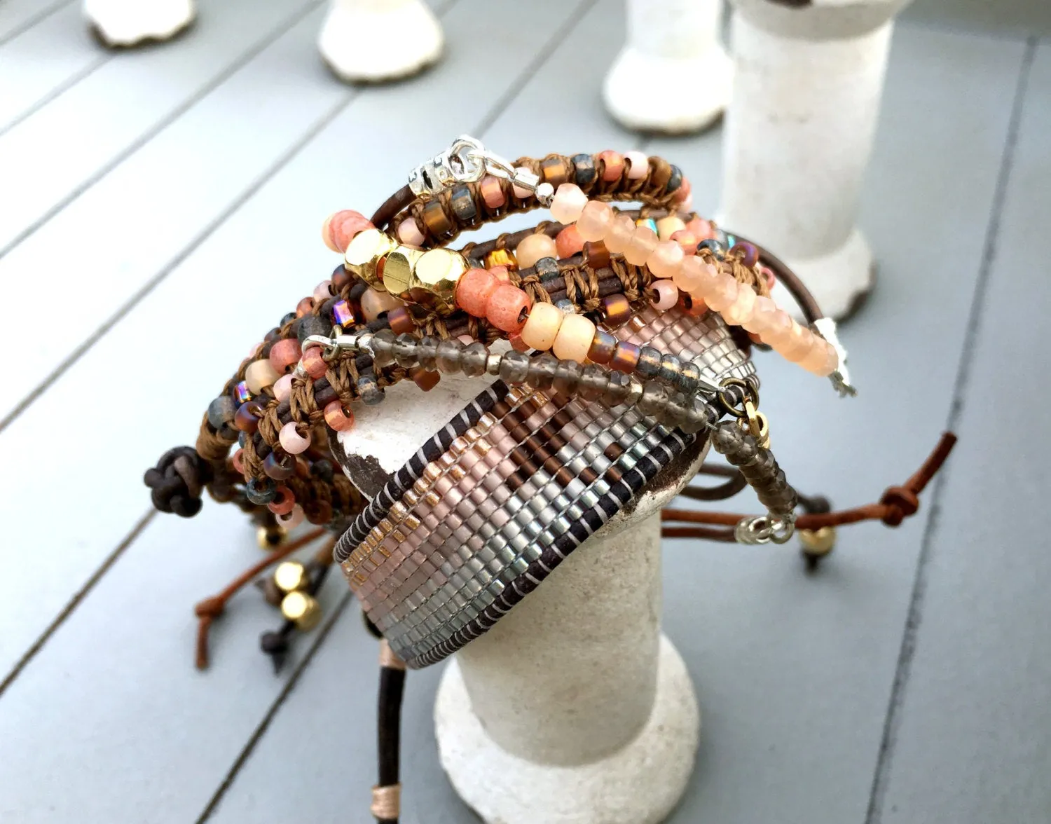 Coral Peach and Brown Top Beaded Macrame Woven Leather Stack bracelet