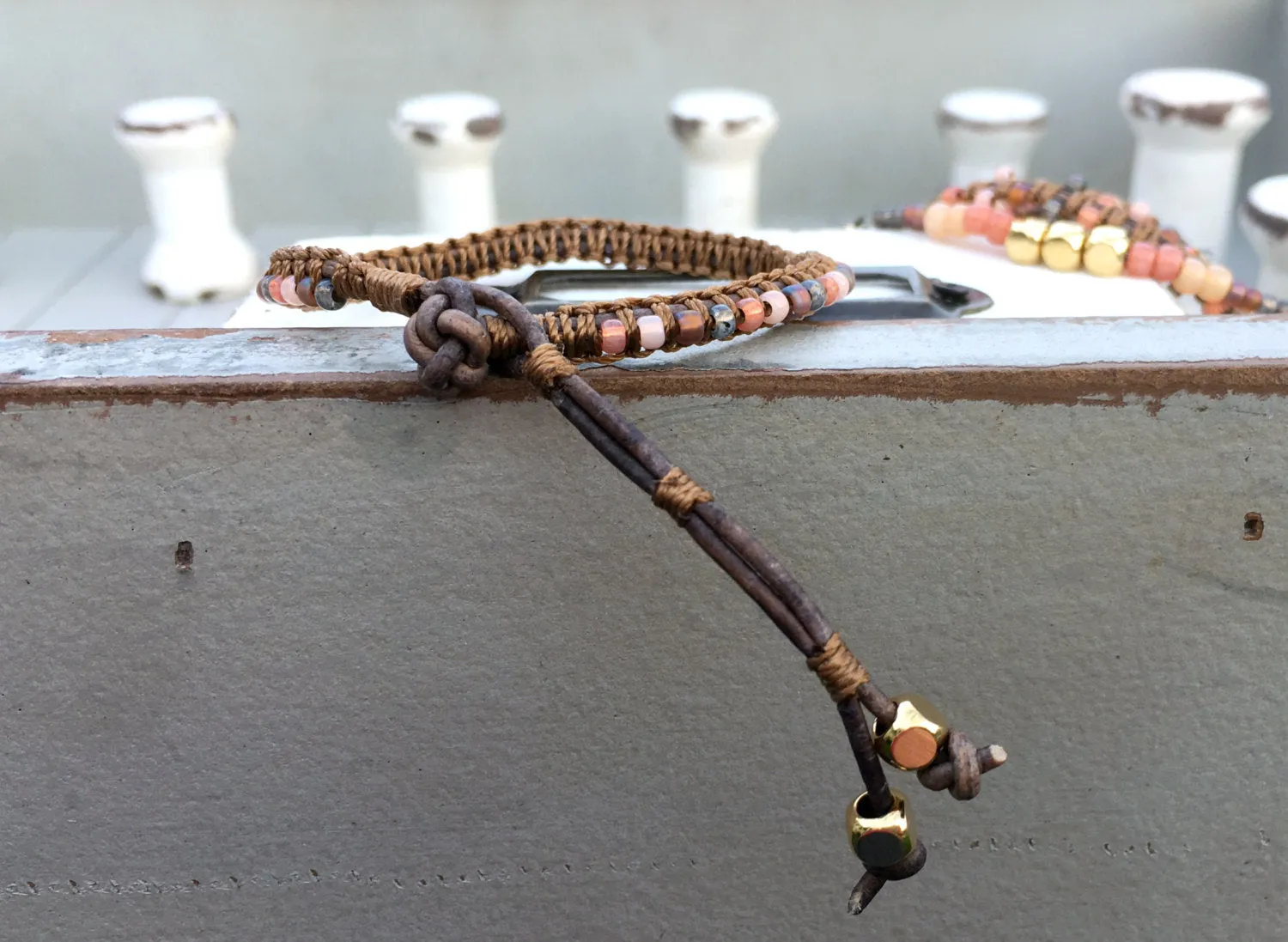 Coral Peach and Brown Top Beaded Macrame Woven Leather Stack bracelet