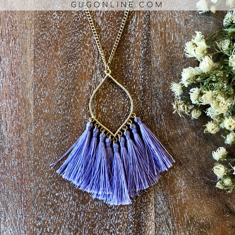 Gold Chain Lantern Outline Necklace with Fringe Tassels in Lavender