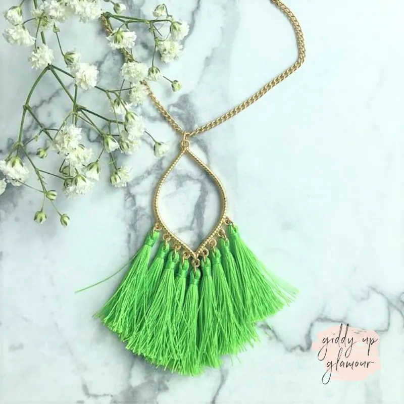 Gold Chain Lantern Outline Necklace with Fringe Tassels in Neon Green