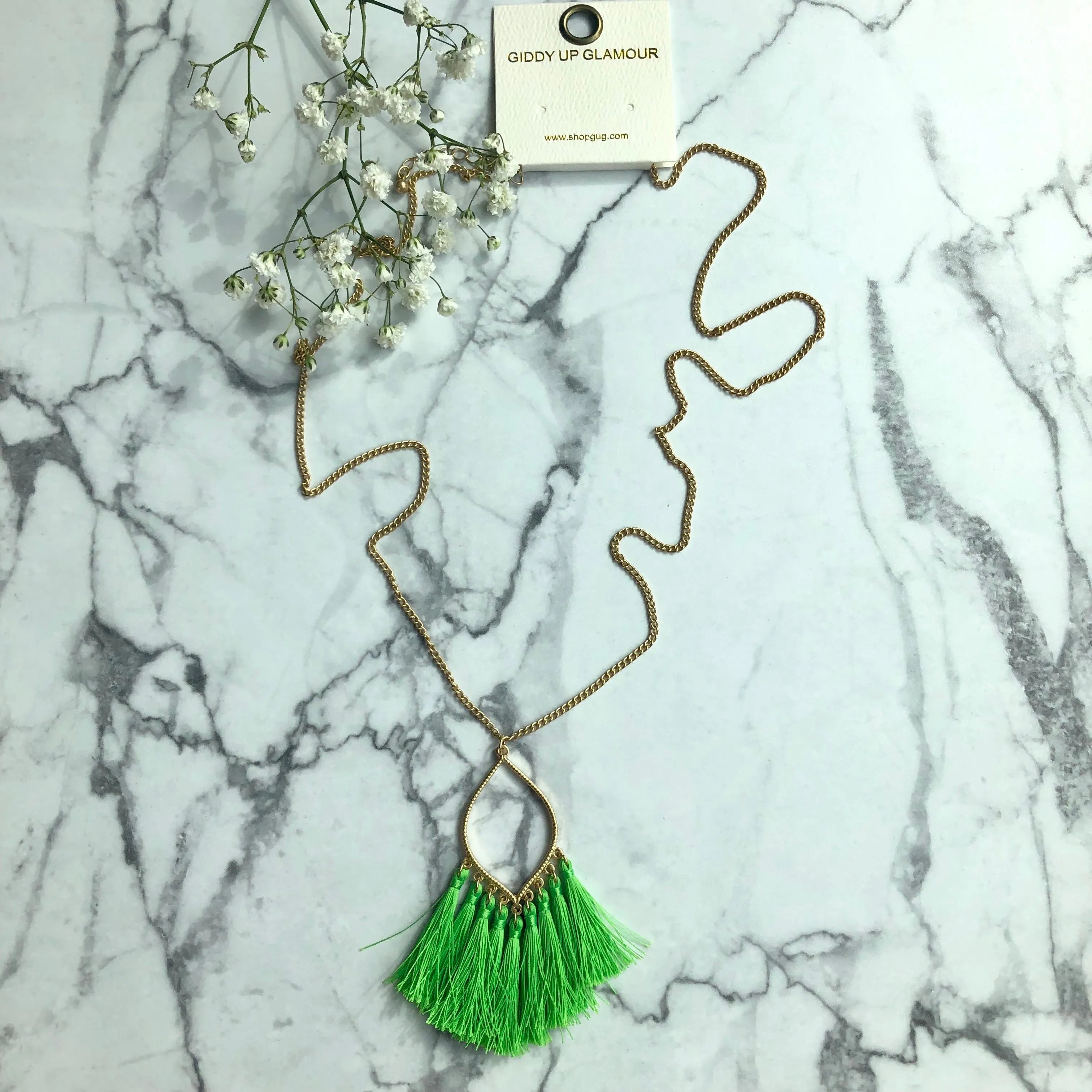 Gold Chain Lantern Outline Necklace with Fringe Tassels in Neon Green