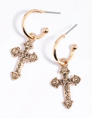 Gold Detailed Cross Huggie Earrings