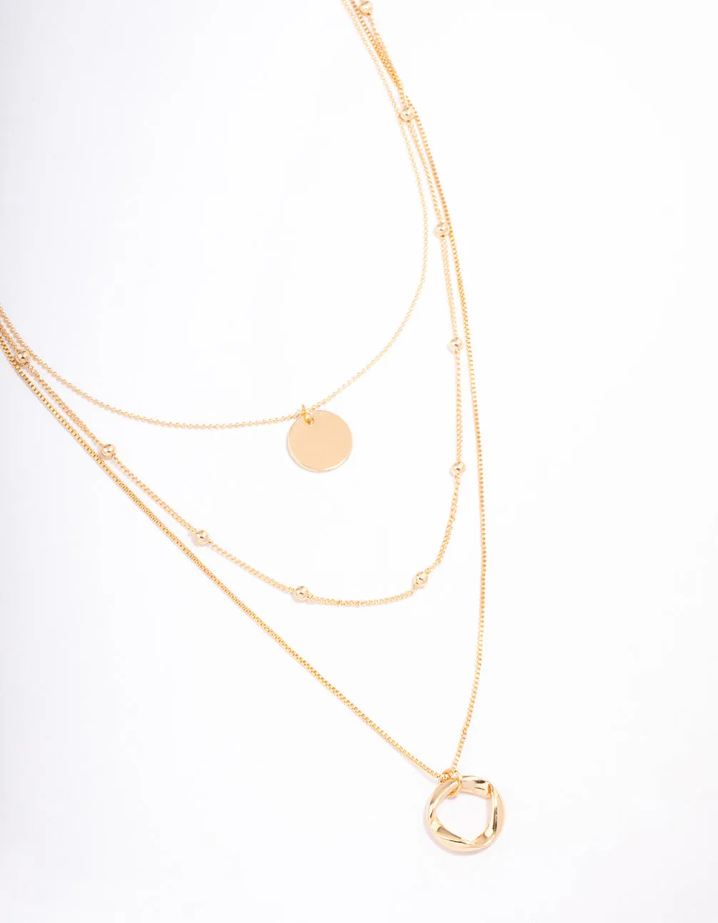 Gold Organic Circle Disc Triple Row Necklace