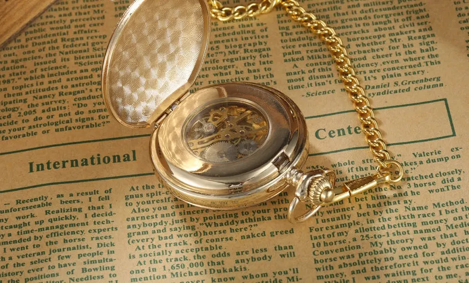 Gold Steel Carving 2 Sides Open Case Roman Dial Mechanical Pocket Watch