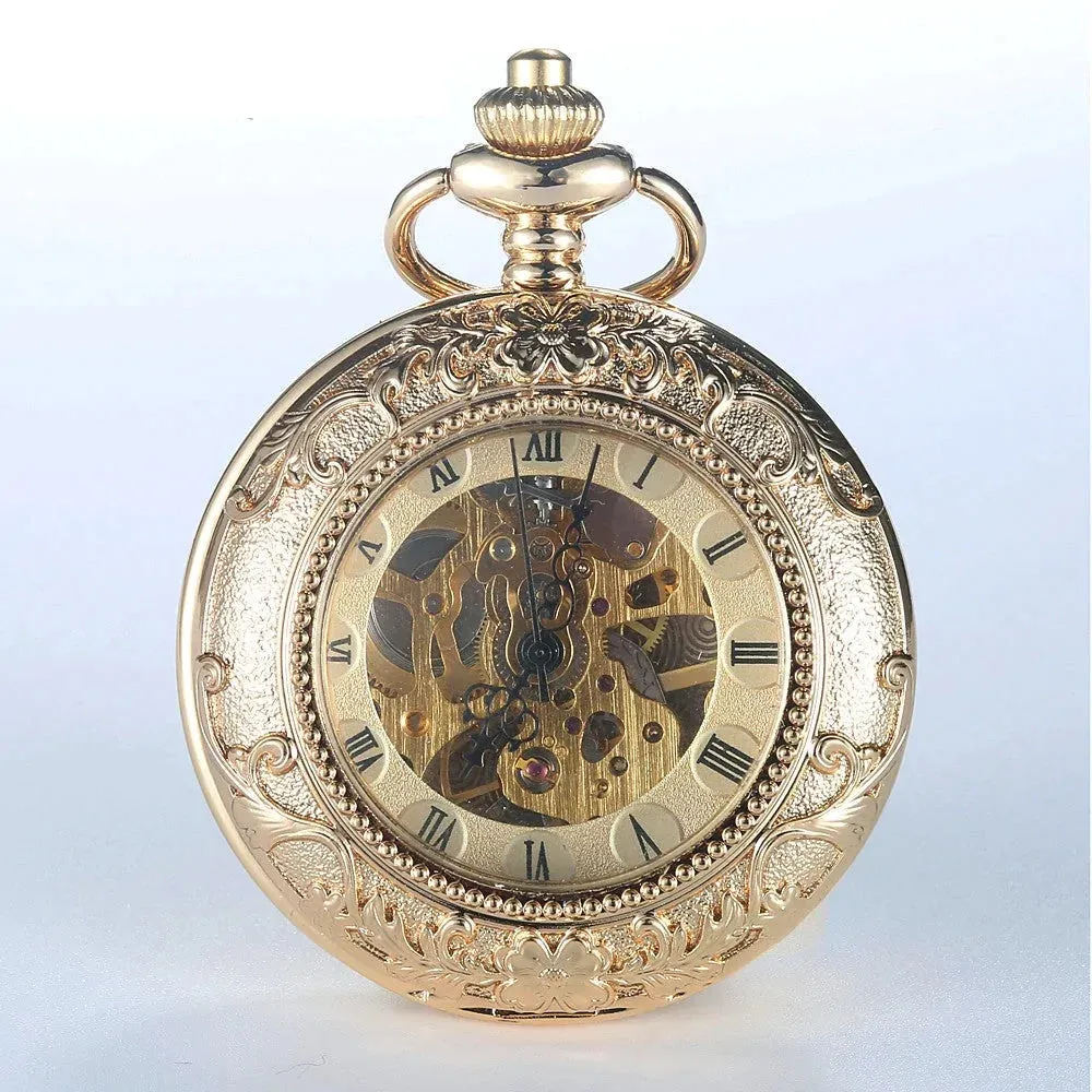 Gold Steel Carving 2 Sides Open Case Roman Dial Mechanical Pocket Watch